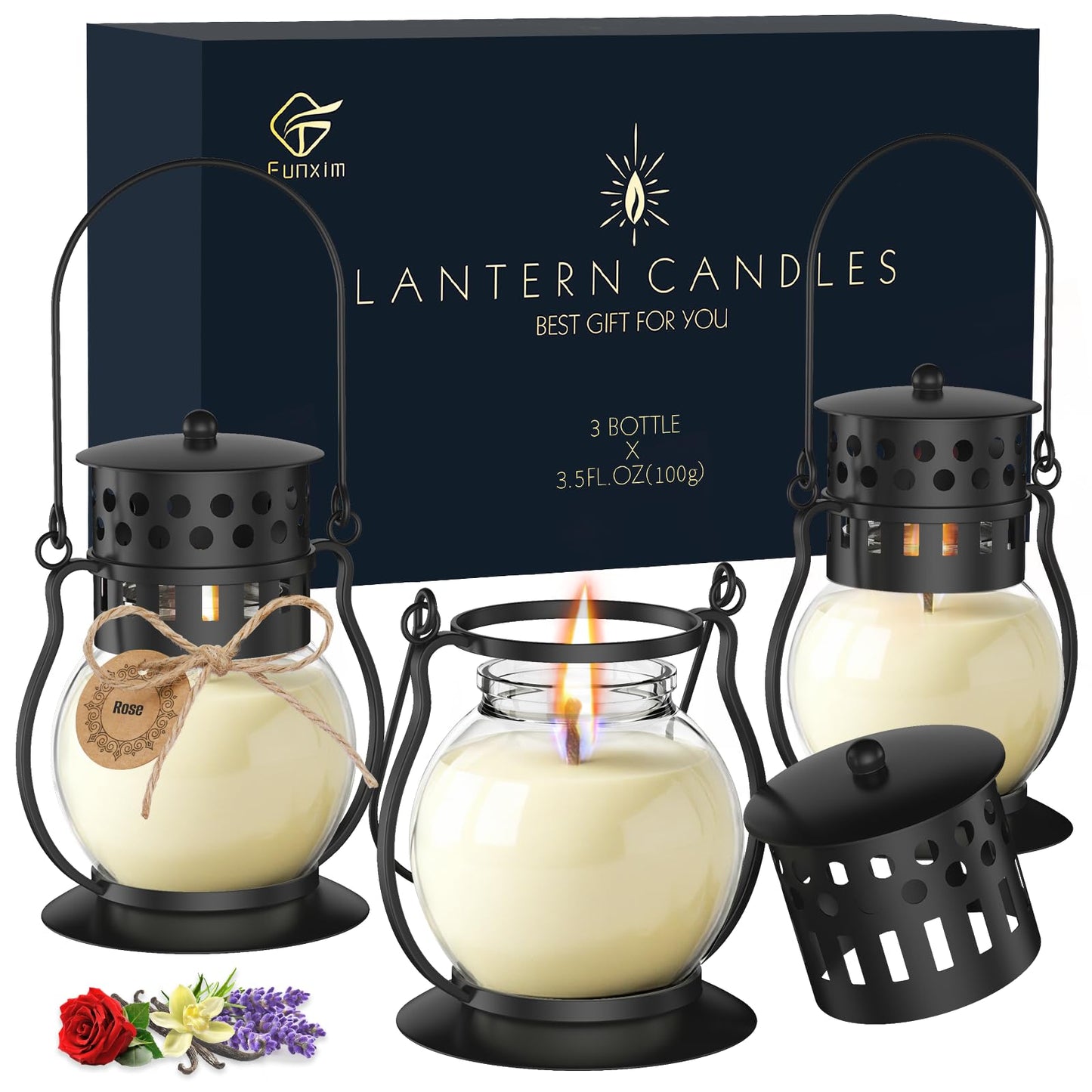 Scented Candles Gift Set - 3 Pack Candles for Home Scented Retro Lantern, Fall Candle Set Perfect for Women, Birthday, Yoga, Weddings, Christmas - Soy Wax Candle Vanilla, Rose, Lavender