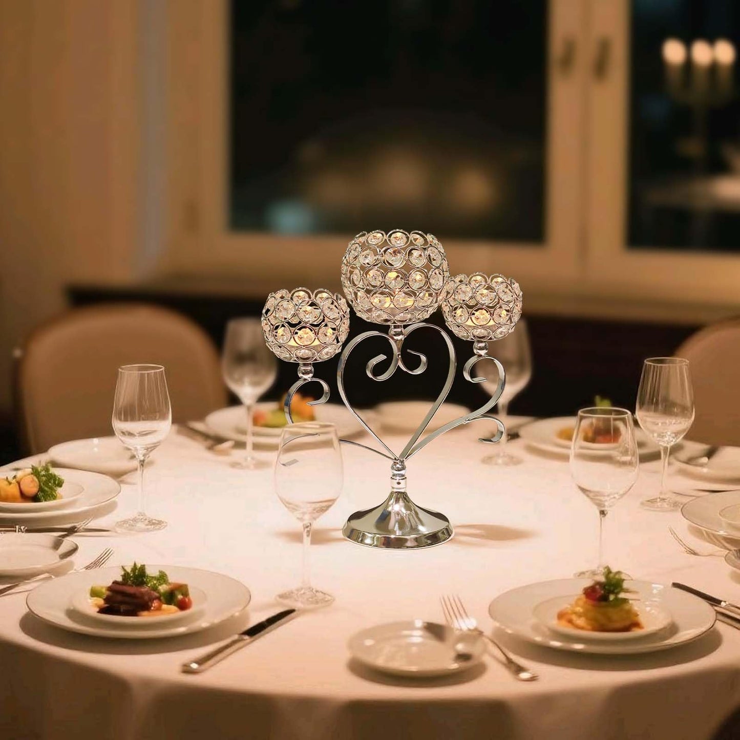 Kehail 6 Pcs Silver 3-Arm Heart Tea Light Candle Holder - Crystal & Metal Wedding Centerpiece Decor, Sparkling Table Decor for Anniversaries/Romantic Tabletop Home/Dinner Party/Events