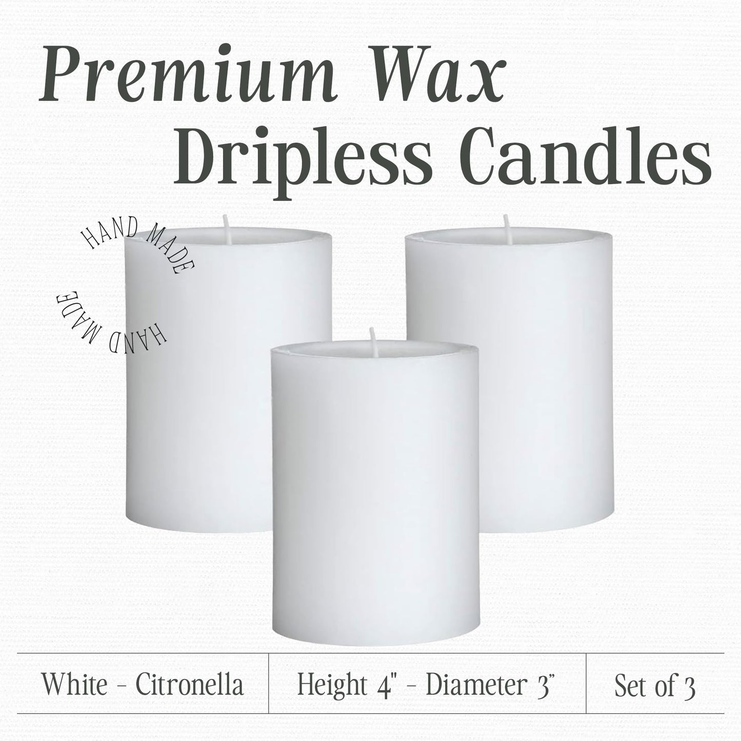Mister Candle - Citronella Candles, Ideal for Outdoor & Indoor Use, 3"x4" White Pillar Candles Set of 3, Hand Poured, Premium Wax & Dripless, 60 Hour Burn Time