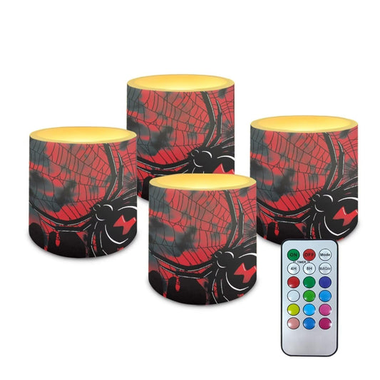 Merkmak Halloween Spider Flickering Flameless Candles with Remote Battery Operated Candles with Color Changing Timer Control LED Pillar Tea Lights for Party Banquet Home Decorations