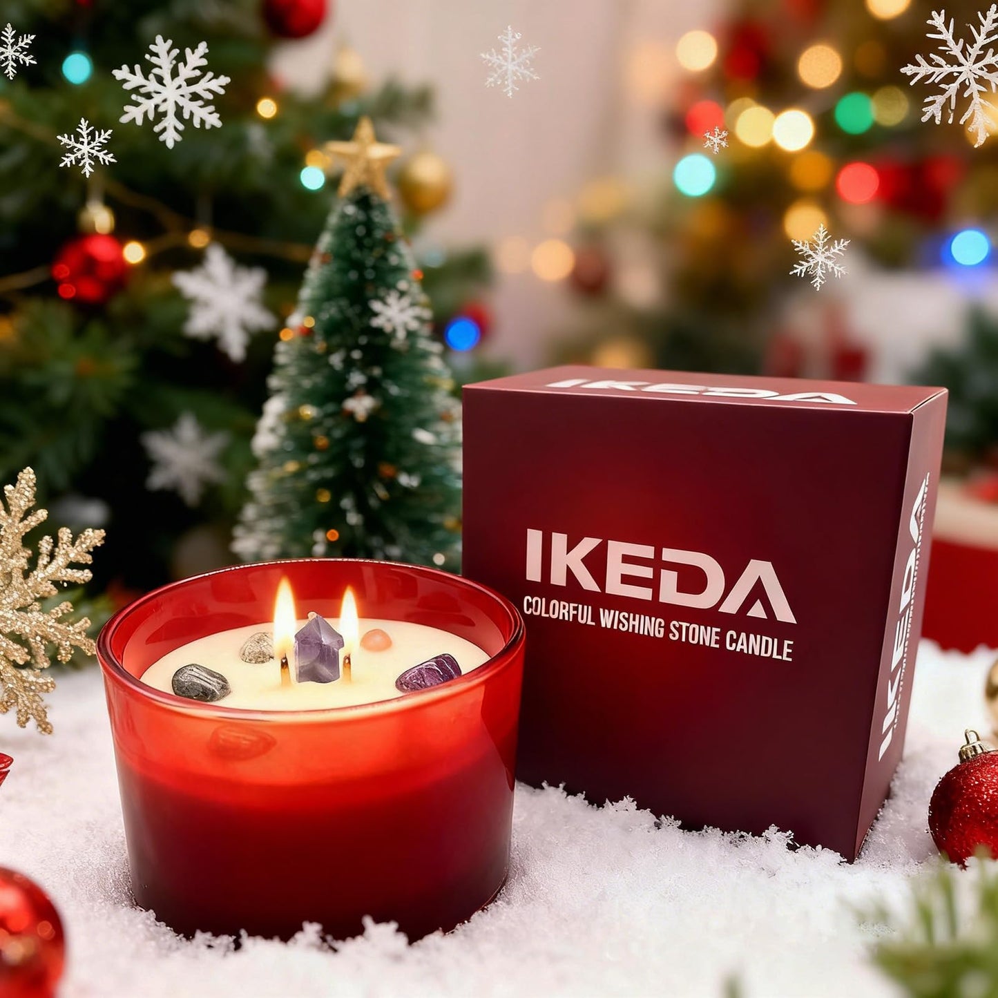 Ikeda Fragrance Gift for Christmas | Scented Candle for Love Wishes | Home Aromatherapy Candle with Crystals Stone | 18.7Oz Soy Jar Candle | Double Wick and 50-Hour Burn Time(Red, Floral)