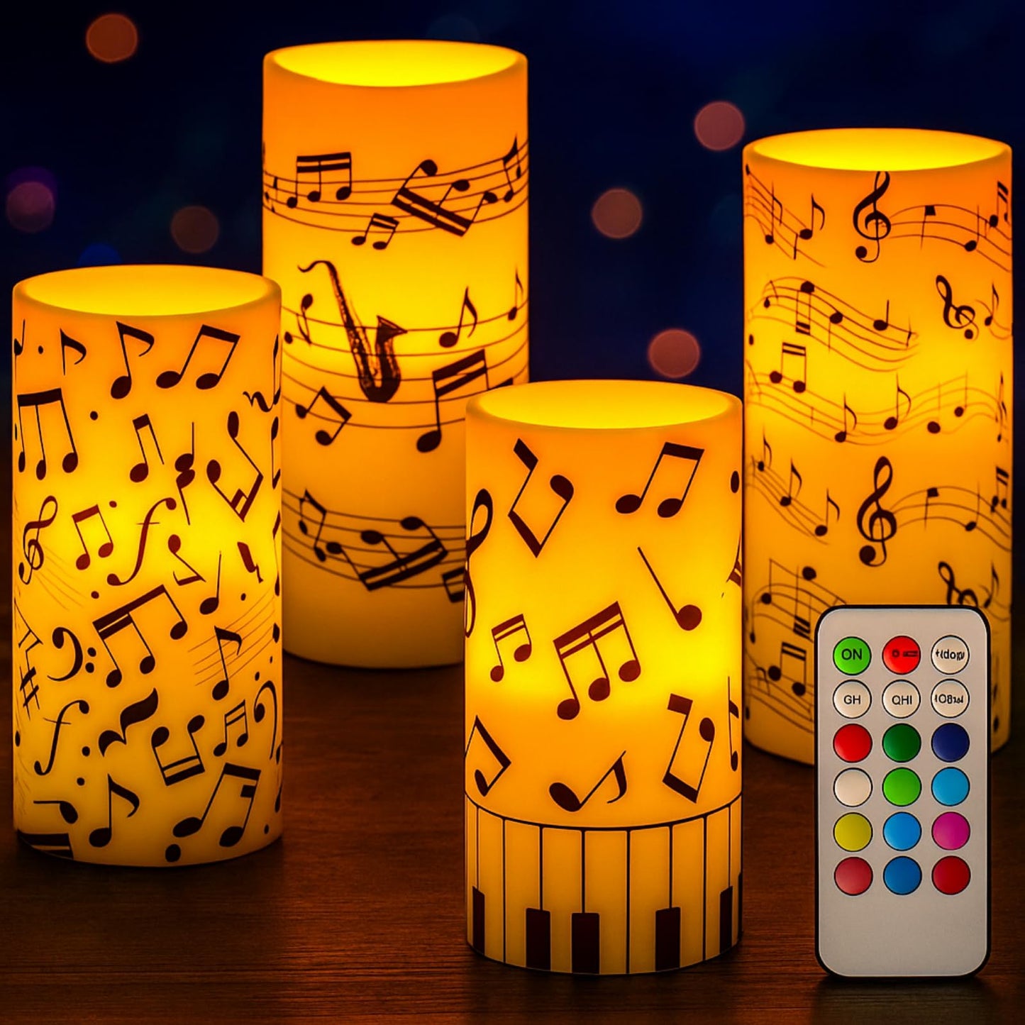 Tiamon 4 Pcs Music Notes and Clef Candles LED Musical Themed Flameless Candles Set Battery Operated with Remote Control LED Pillar Decorations for Party Wedding Birthday Decor