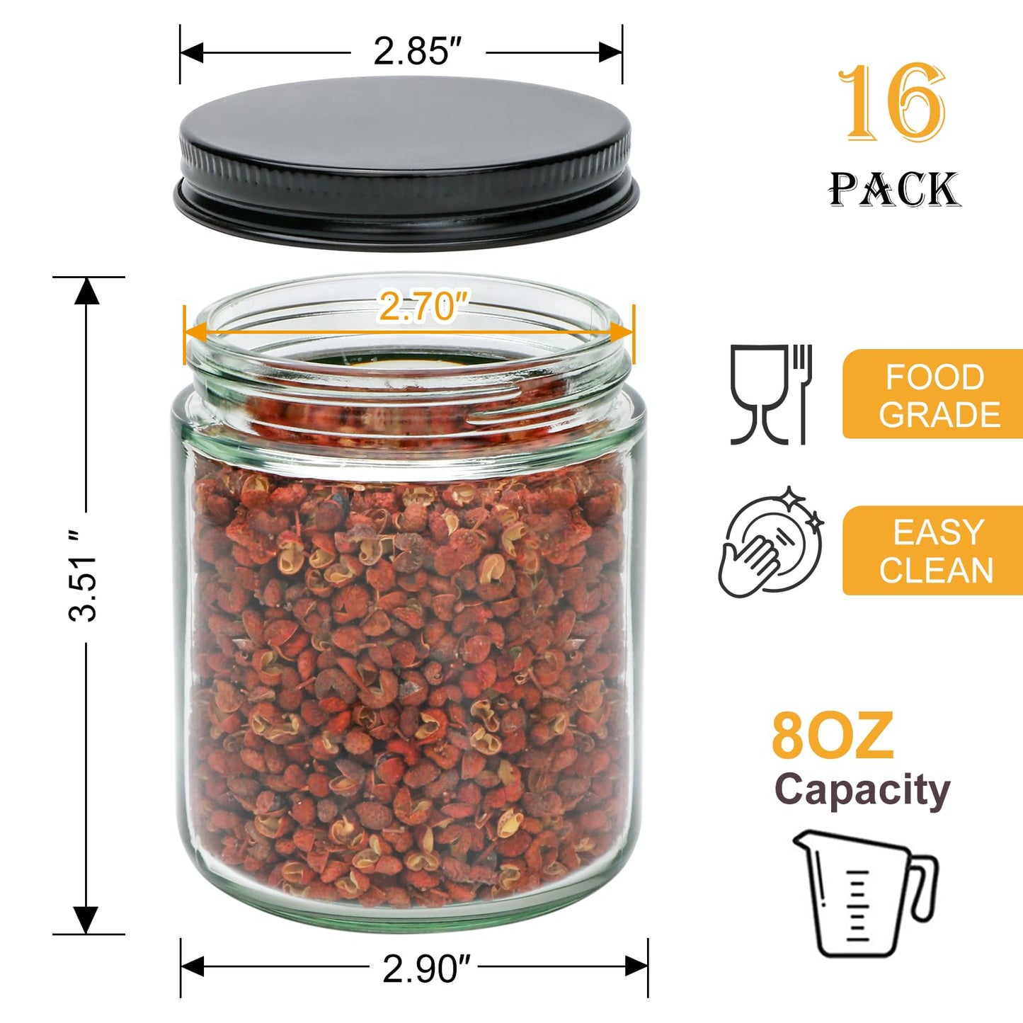 Salzesfalls 16 Pack Clear Candle Jars for Making Candles,8 oz Glass Jars with Lids,Candle Jars with 16 Metal lids,Canning Jars For Candles,Spice,Powder,Liquid,Sample