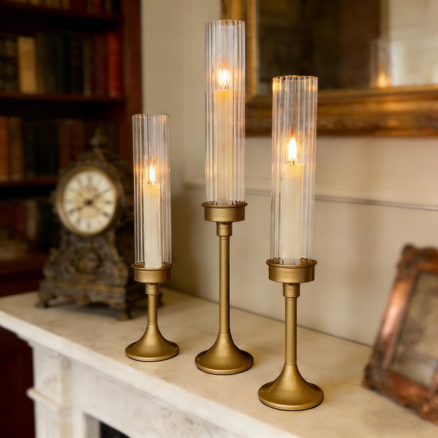 NOLIPED Gold Hurricane Candle Holders - Brass Candlestick Holders Set of 3 Tall Taper Candlesticks Fluted Glass Candle Stick Holder Decor for Wedding Party Christmas Mantel Dining Table Centerpieces