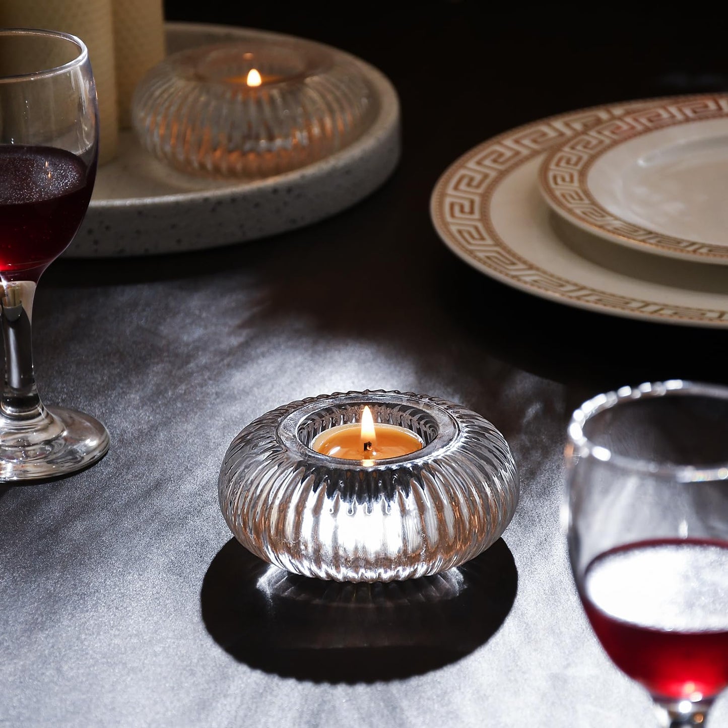 4 pcs Ribbed Clear Glass Tealight Candle Holders - Unique Boss Gifts for Women, for Her, Housewarming Wedding Tablescape Decor