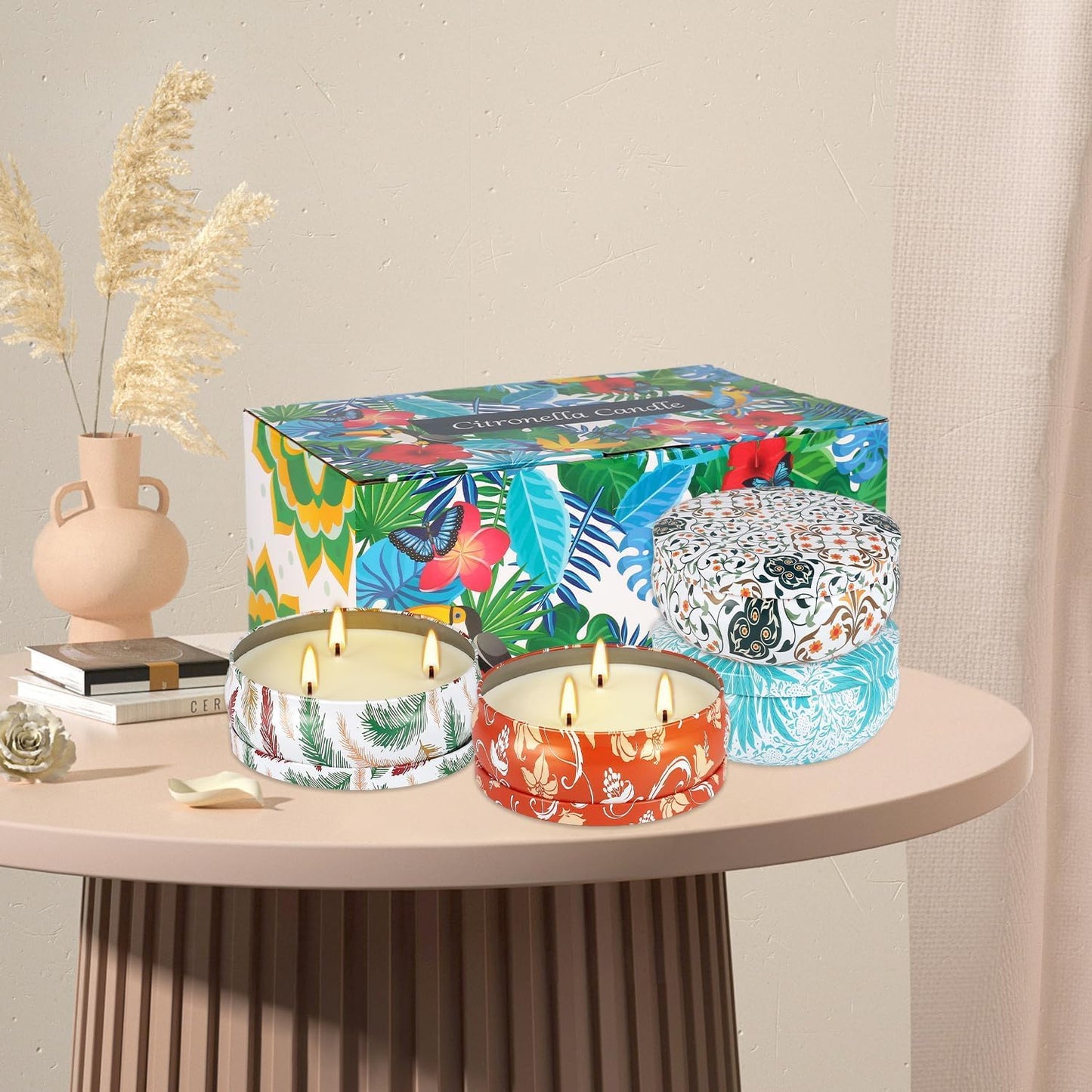 4-Pack Citronella Candle Set in Decorative Tropical Flower Tin Boxes - 3-Wick Functional Decorative Candles for Indoor & Outdoor Use - Perfect for Camping, Travel, BBQ, Picnics, and Mother's Day Gift