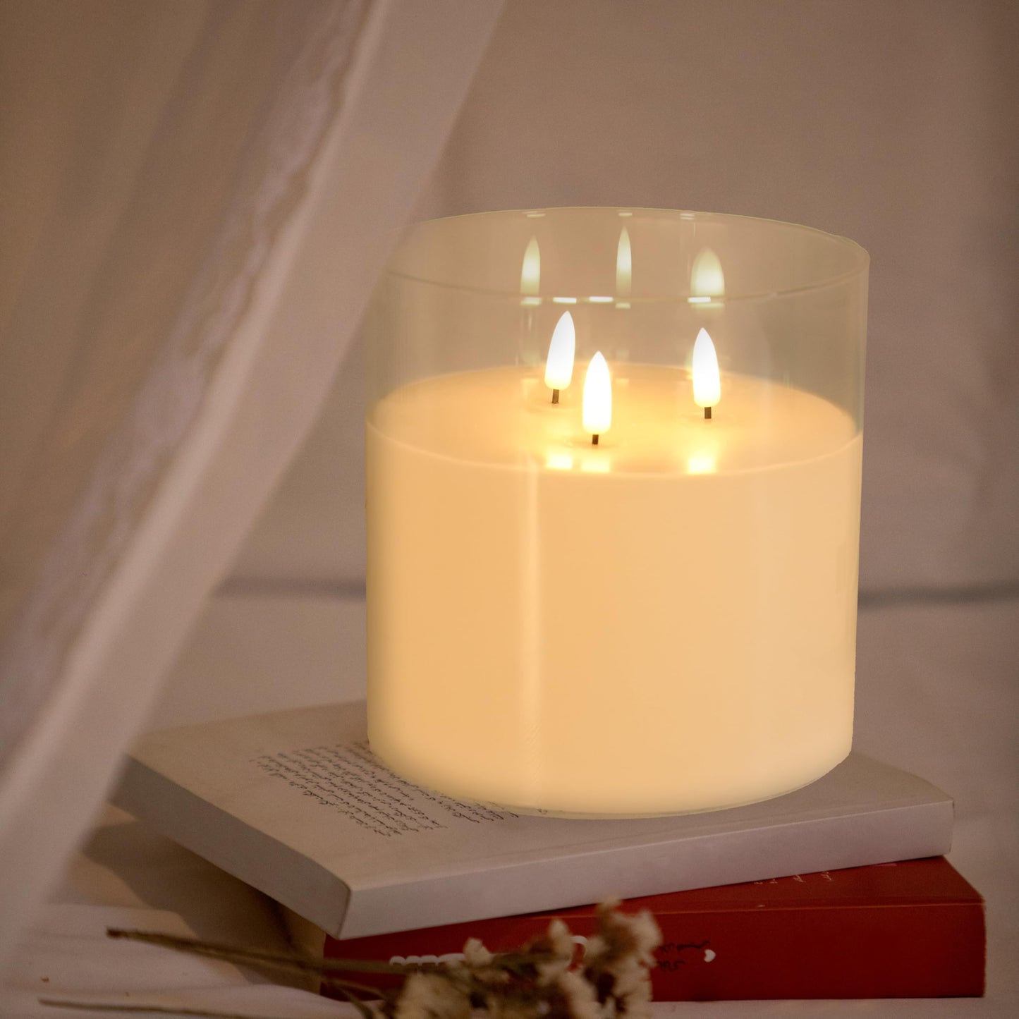 NICEME Extra Large 3 Wick Battery Operated Candle, 6"x6" Big Clear Glass Flameless Candles with Remote, Real Wax Flickering Led Pillar Fake Giant Candle for Wedding Party Holiday Home Decor, White