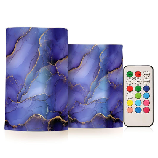 zyrtty 2 Pack Plastic Flameless Candles Gold Blue Purple Wild Marble Battery Operated with Remote and Timer Real Wax LED Flickering Pillar Candles Set Window Christmas Holiday Decor