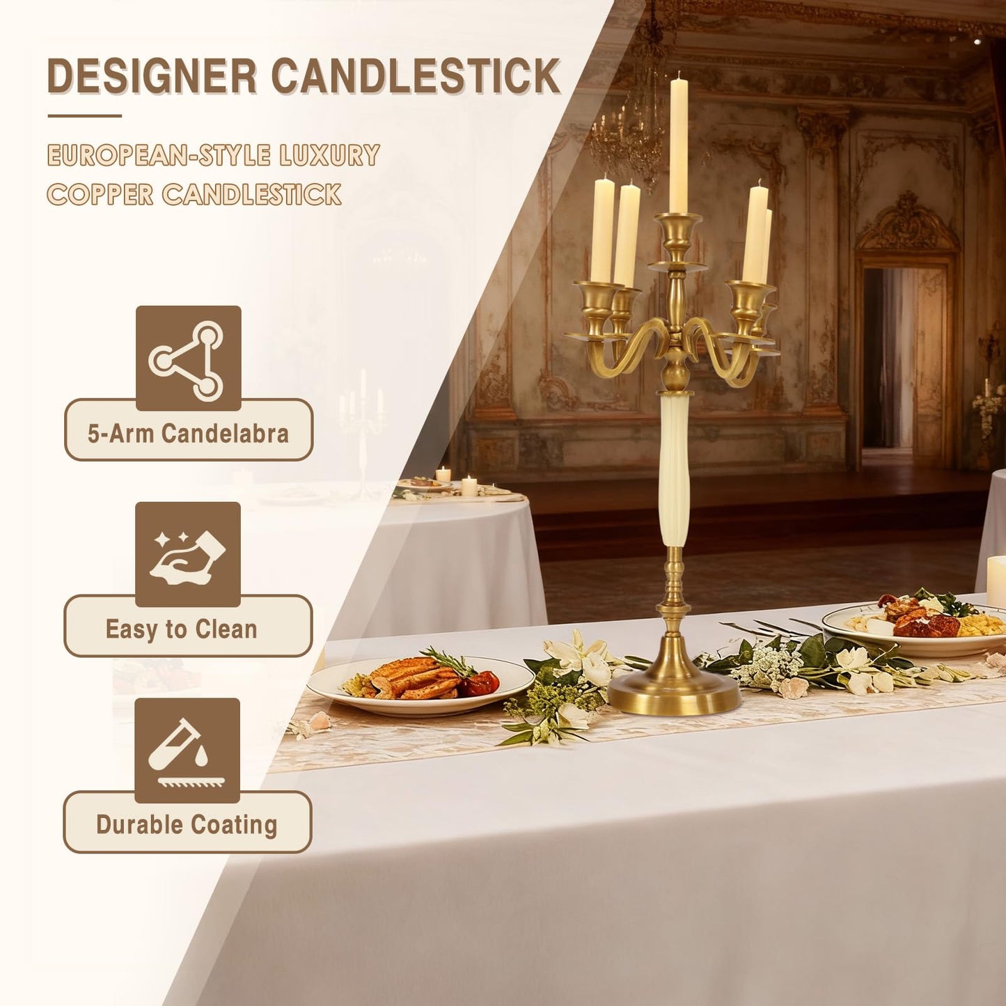 5 Arms Brass Plated Metal Candelabra Candle Stand Candlestick Holder for Wedding Dining Table Christmas Party and Indoor Home Decoration