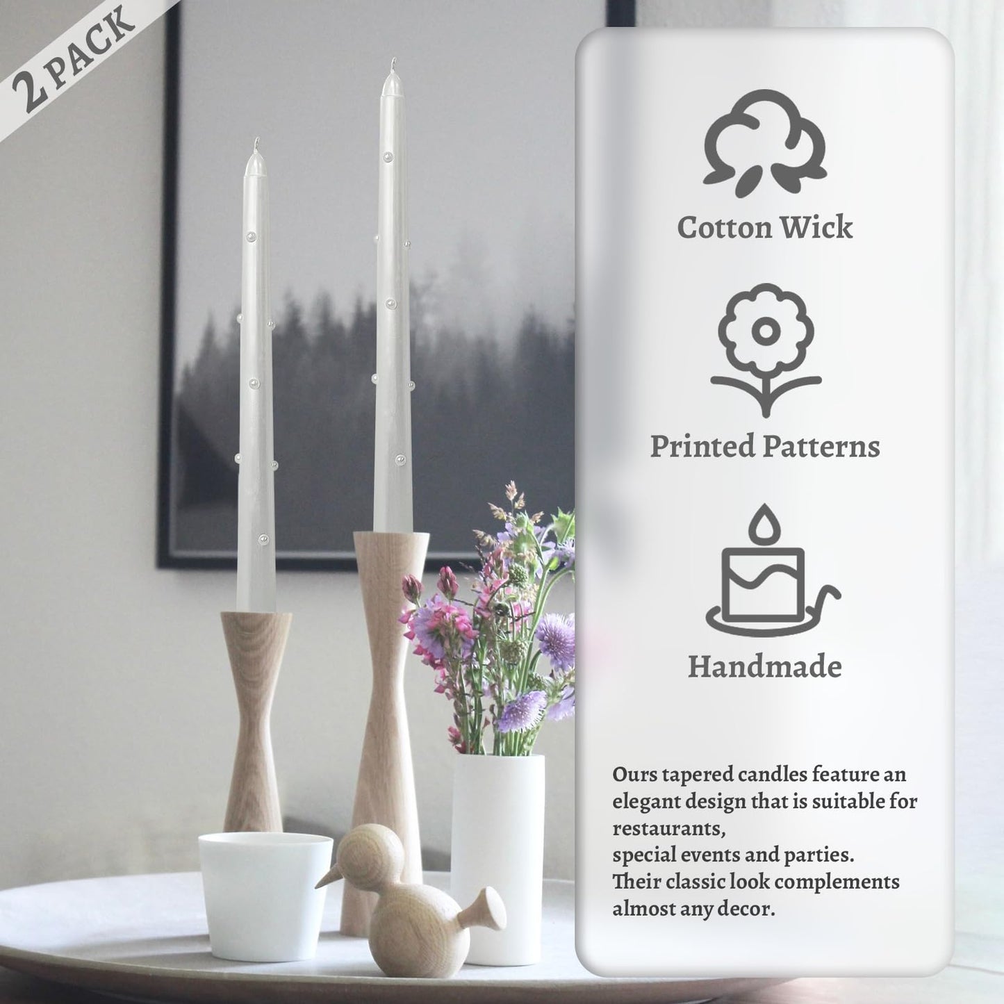 Pearl Taper Candles 10 Inch Tall Unscented Handmade White Candles Long Burning Elegant Candlesticks for Wedding Dinner Home Decor