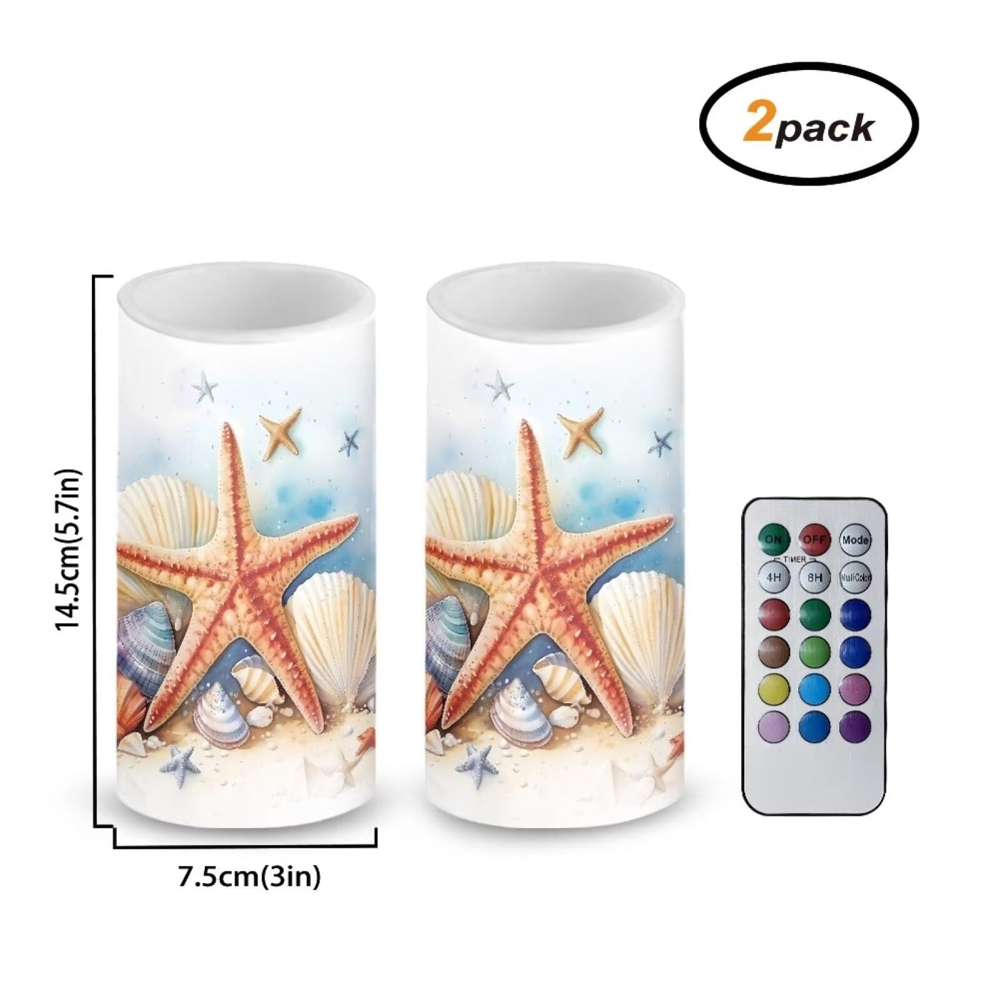 NETILGEN Flameless Candles LED Battery Operated Candles with Realistic Set of 2 with 18 Key Remote Control Timer Pillar Candle for Coastal Home Decoration, Starfish Seashell Retro