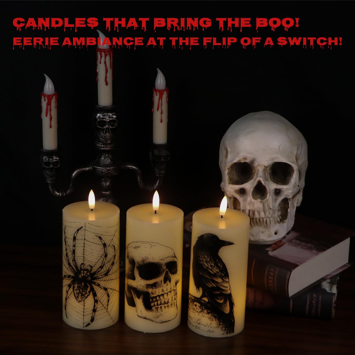 Lasumora Halloween Decorations Flameless Candles with Remote Timer - Skull, Spider Web, Crow Raven Decals Set of 3, Battery Operated Halloween Decor Indoor LED Candle Horror Gothic Punk Real Wax
