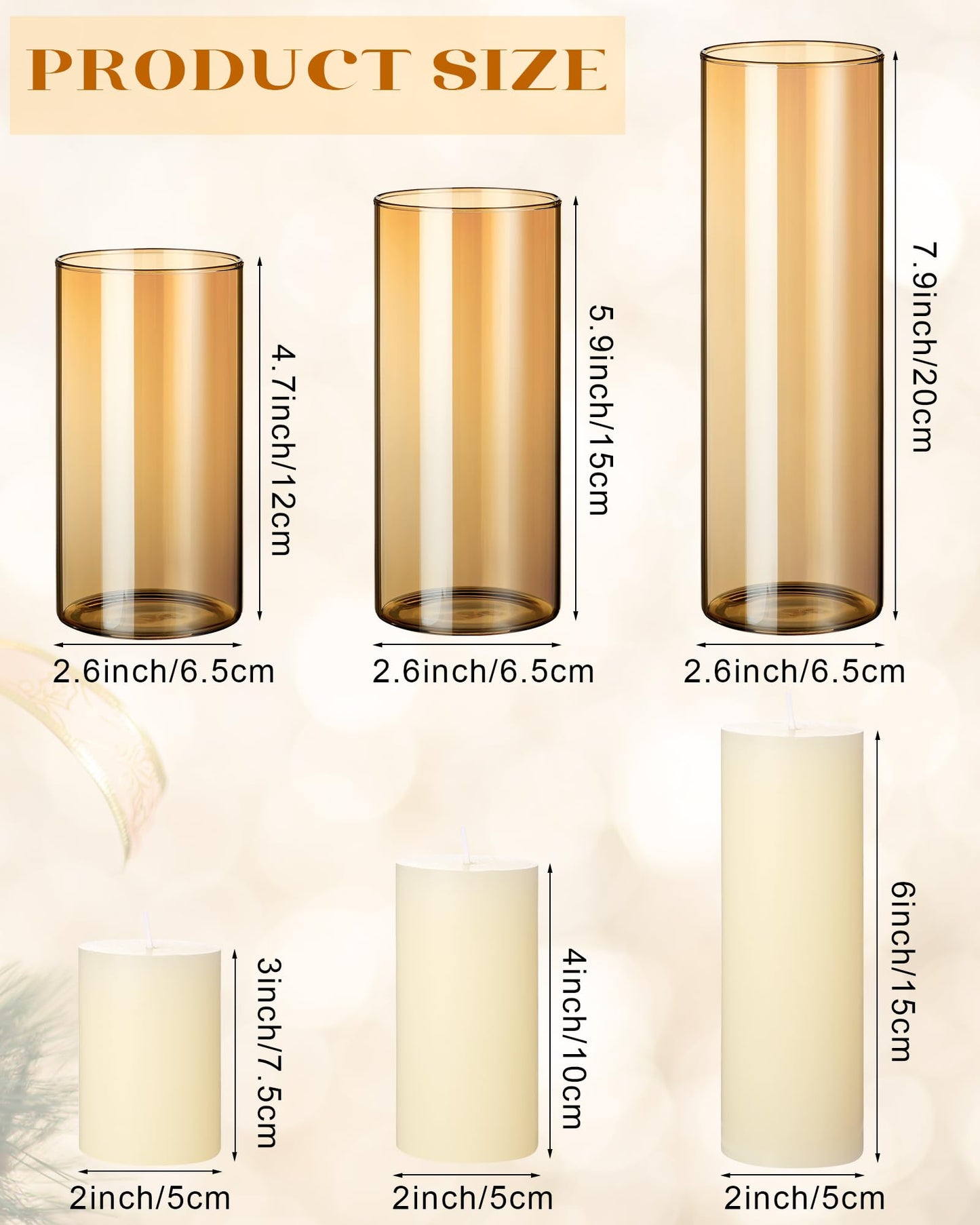 Shihanee 36 Pcs Pillar Candles and Glass Cylinder Vases Tall Cylinder Holders for Pillar Candles Wedding Centerpieces, Total 18 Sets(2.6'' X 4.7'', 5.9'', 7.9'',Amble,Ivory)