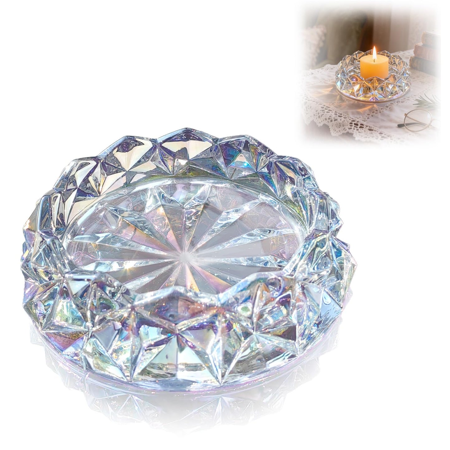 Loyipu Geometric Glass Candle Holder for 3-Wick Candles – 6in Large Crystal Candle Tray for Large Jar Candles, Scented Candles & Diffusers (Crystal Iridescent)