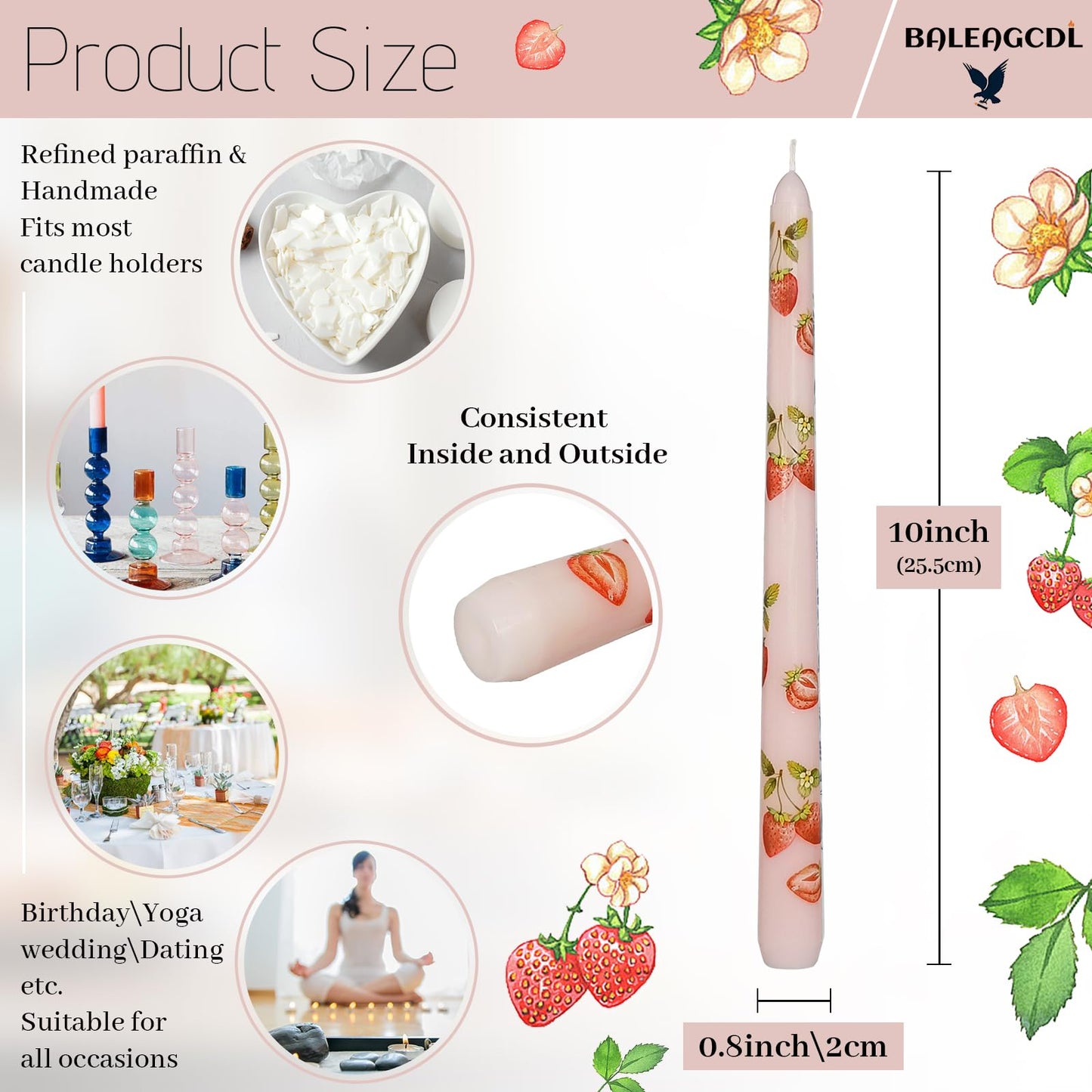 Baleagcdl Pink with Strawberry Prints Candlesticks Handmade Long Tapered Candles 10 Inch Drip Taper Candle for Wedding Home Holiday Decor Gifts - Set of 2