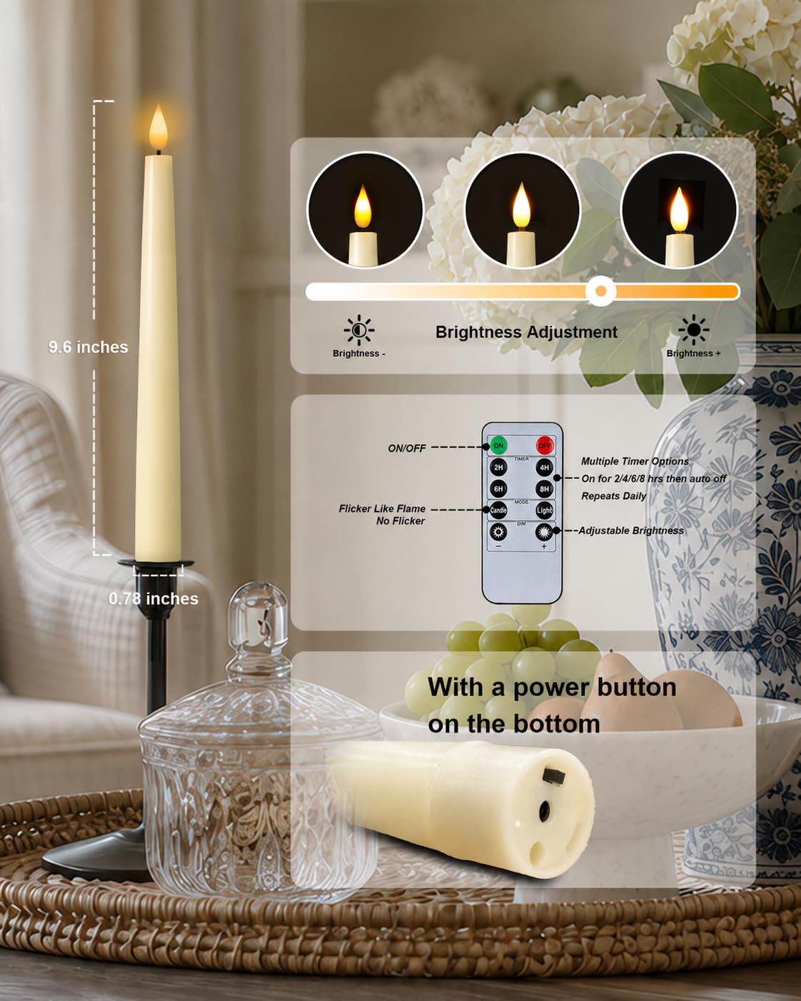 Homemory Rechargeable 9.6 Inches Flameless Taper Candles, Real Waxy LED Candlesticks Flickering, 6 Pcs Battery Operated Candles with Remote and Timer for Home Wedding Christmas Decor, Ivory