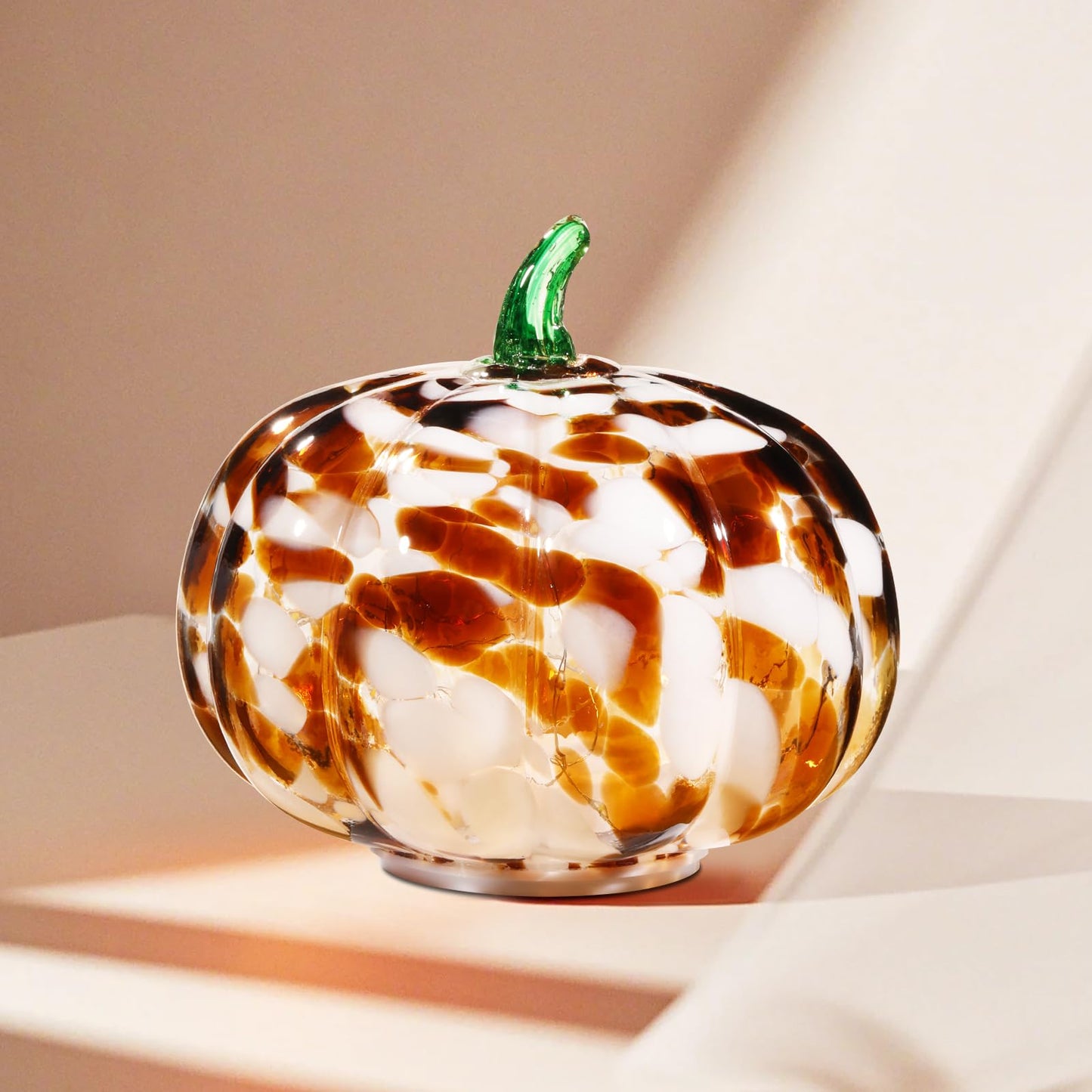 Naboher Handcrafted Glass Pumpkin with Warm LED Lights - Halloween & Thanksgiving Decor, Gift-Worthy Fall Home Decoration, 5.9-Inch Light-Up Tabletop Centerpiece (Green Leaf Coffee and Purple)