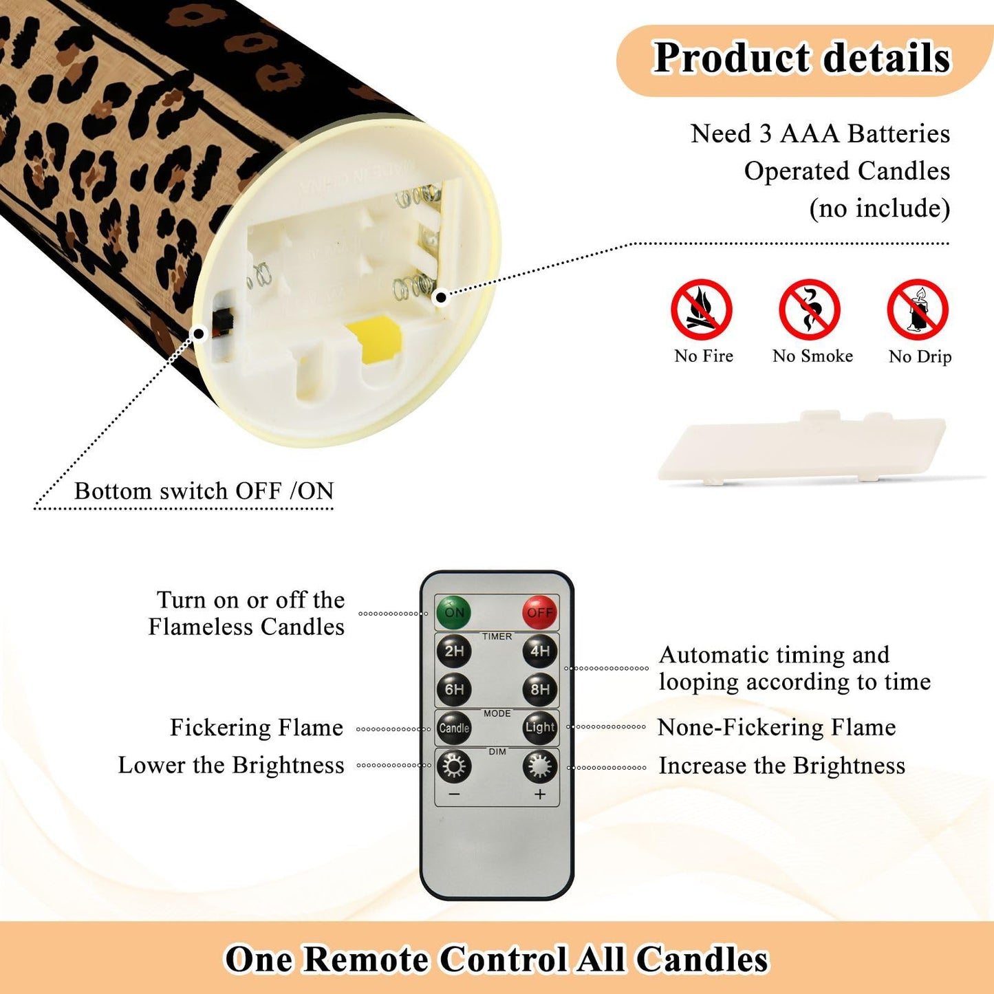 Gravopti Leopard 2 Pack Flameless LED Pillar Candles with Remote & Timer, Battery Operated, Flickering Wax Candle for Wedding, Romantic Home & Party Decor