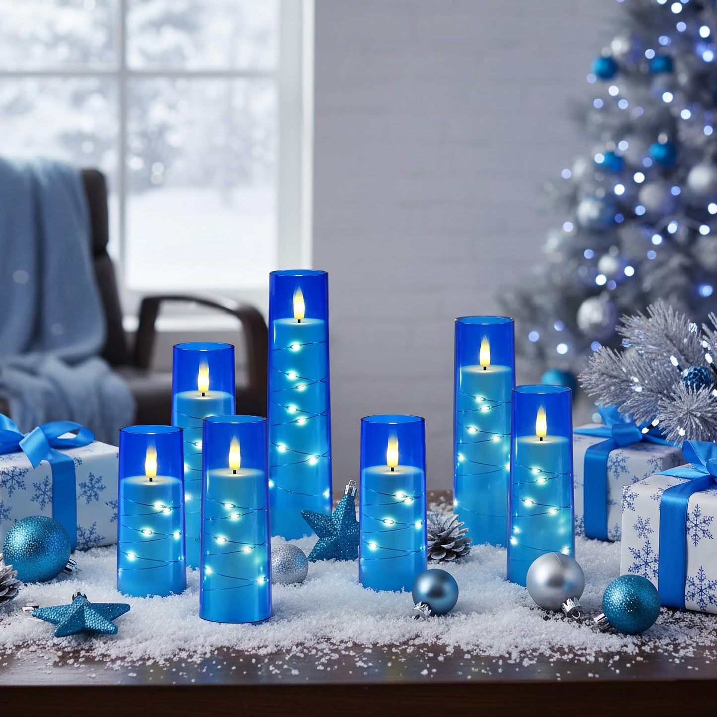 Raycare Independence Day Flameless Candle with Remote Timer – 9 Flickering Acrylic Battery Operated LED Pillar Candles with Embedded Star String for 4th of July Home Patriotic Decor, as a Gift (Blue)