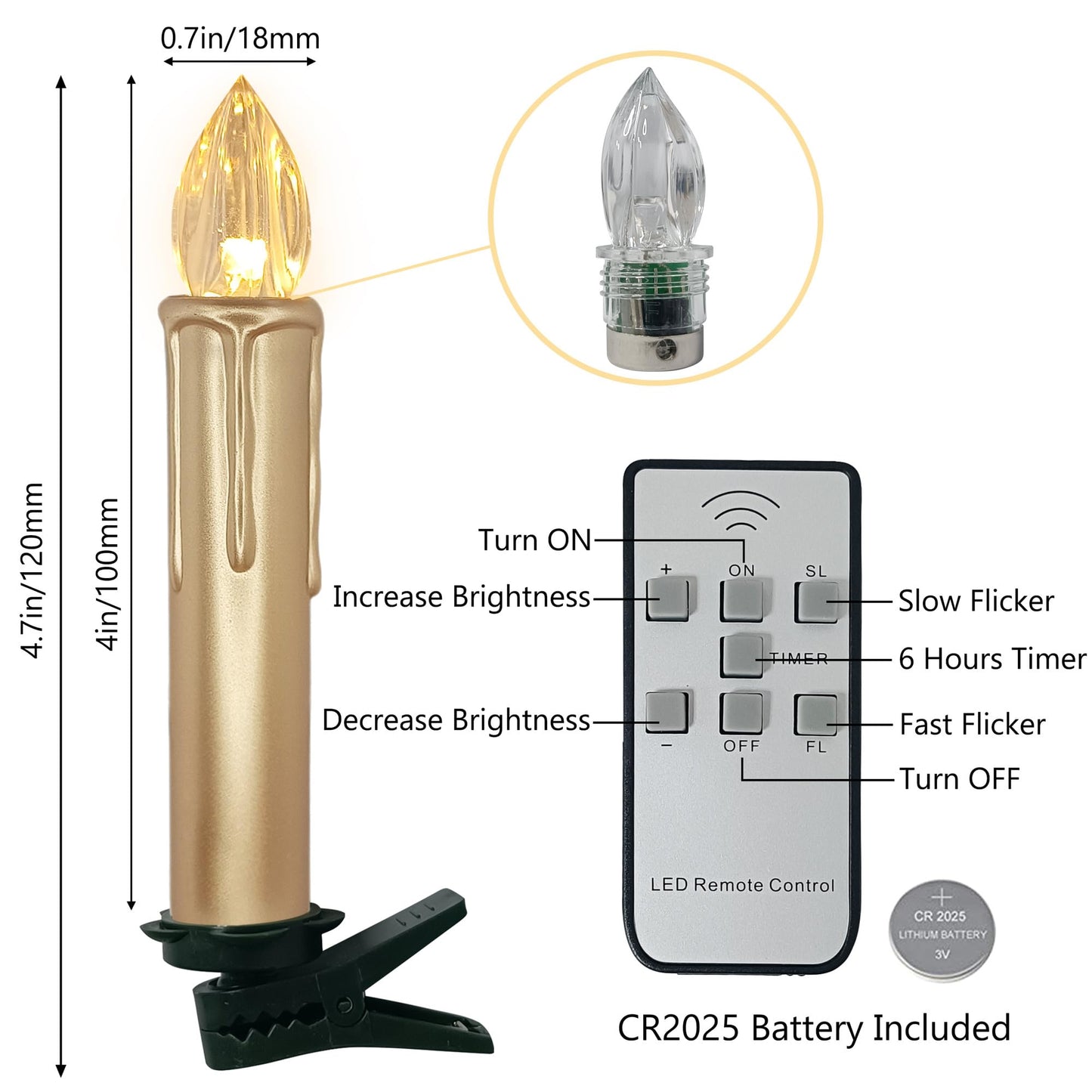 Gedengni Flameless LED Taper Candles with Clips, 4” Battery Operated Window Candles with Remote Timer Mini LED Chandelier Candlesticks for Home Decor Wedding Church Party & Tree Lighting,10 Pack,Gold