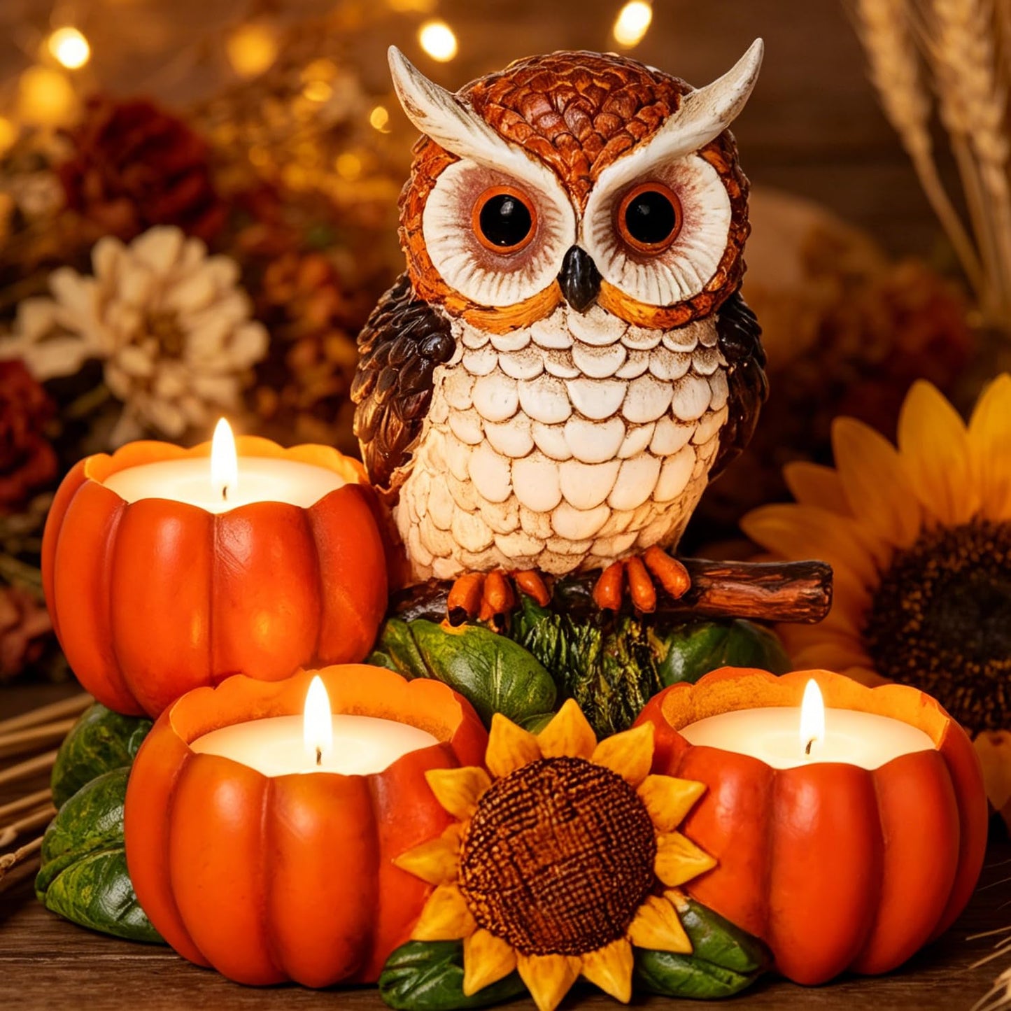 Fall Owl Candle Holder with 3 Pumpkin Tealight Holders & Sunflower, Rustic Owl Statue Thanksgiving Table Centerpieces Autumn Decorative Candle Holders for Home, Farmhouse