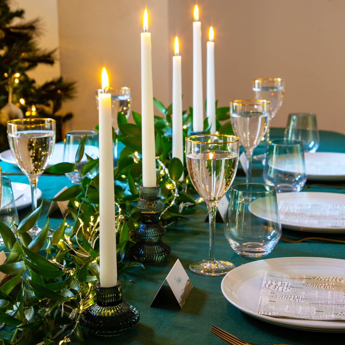 Talking Tables Sage Green Glass Candlestick Holder | Ribbed 3 Tier Taper Candle Stand for Christmas Table Decorations, Home Décor, Dinner Party, Birthday, Wedding, Large (Forest-Hold-Tall-GRN)
