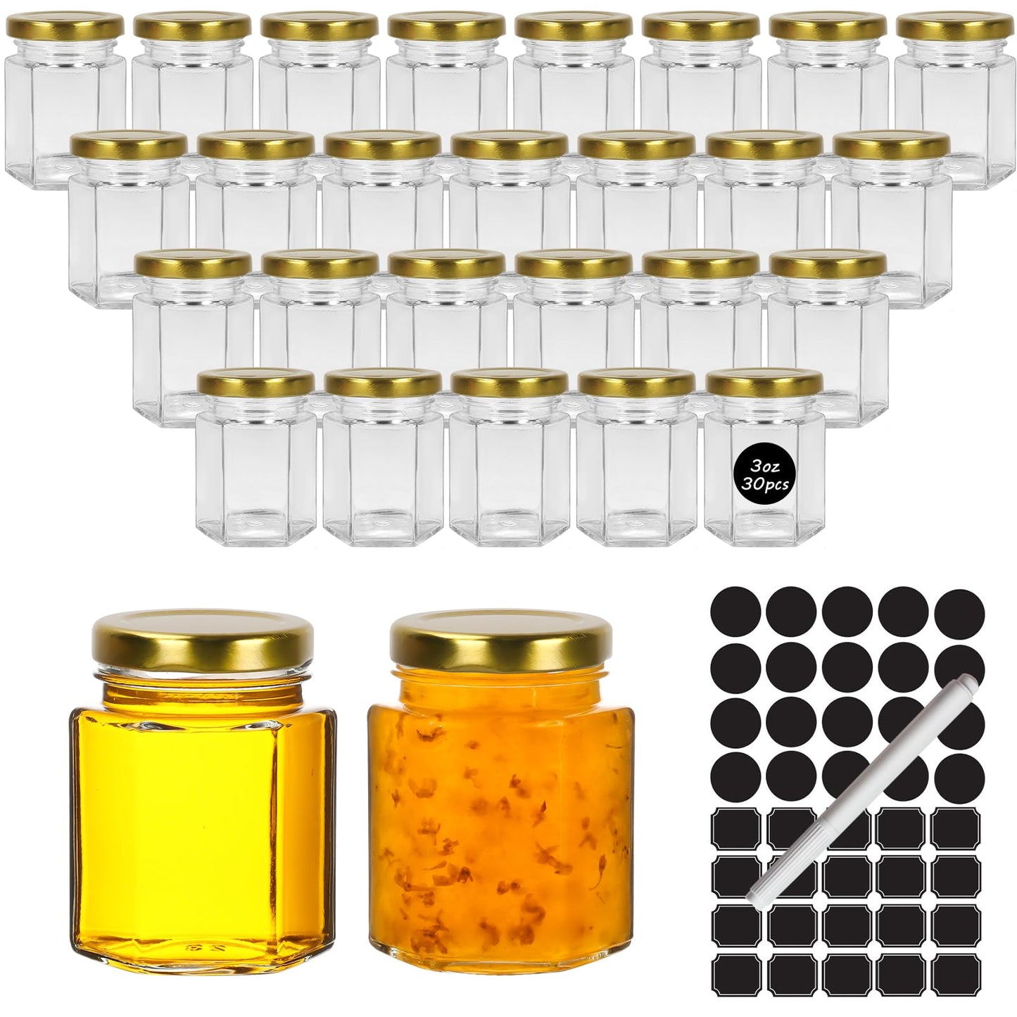 Keketin 3 oz Honey Jars,30 Pack Hexagonal Glass Jars with Gold Lids,90ml Small Canning Jar Mini Storage Glass Jars for Jams,Fruits,Spices,Nuts,Jellies,Baby Foods
