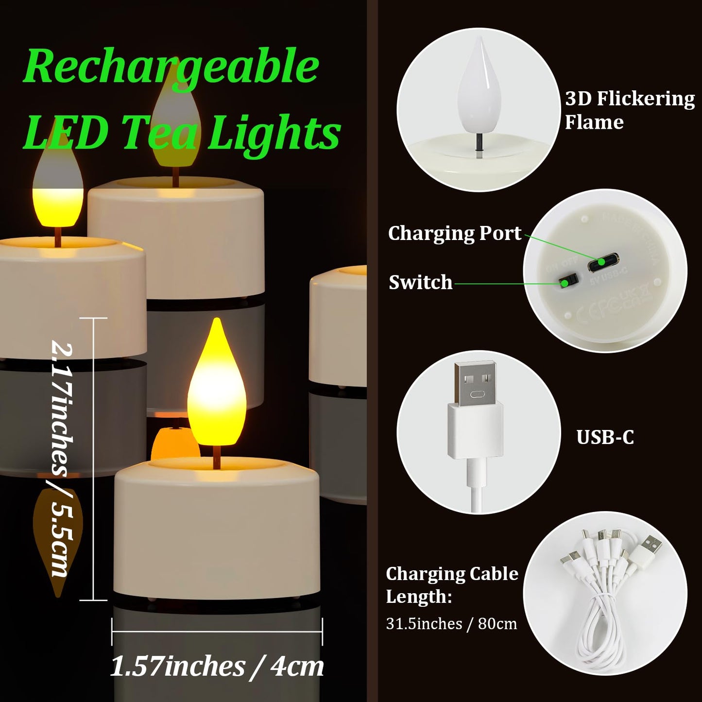 SoulBay Rechargeable Tea Lights with Remote, 12pcs Flameless Flickering LED Candles with Timer & USB Charging Cable, No Battery Needed, for Home Lantern Table Party Holiday Decorations