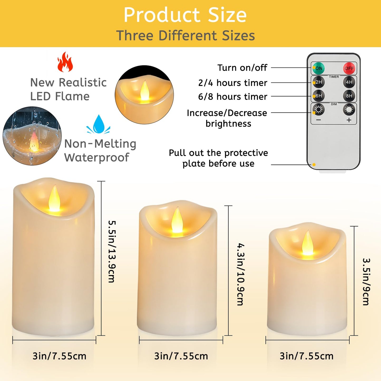 Flameless Candles 4" 5" 6" Set of 6 Outdoor Indoor Pillars Battery Operated Flickering Candles Include 8-Key Remote Timer Function, Ivory Fake Plastic Candles for Wedding, Aniversary,Christmas Decor