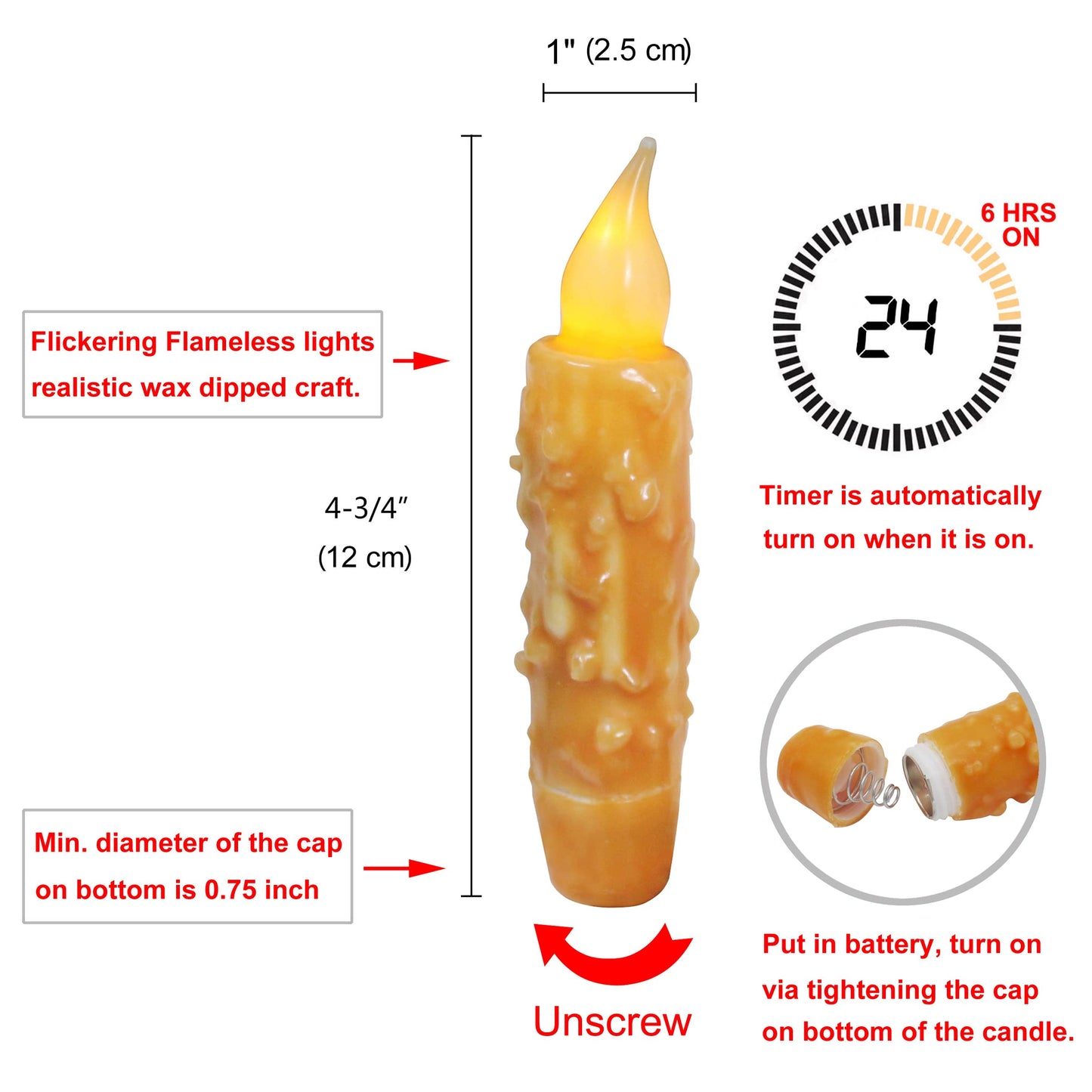 CVHOMEDECO. Real Wax Hand Dipped Battery Operated LED Timer Taper Candles Rustic Primitive Flameless Lights Decor, 4-3/4 Inch, Orange, 6 PCS in a Package