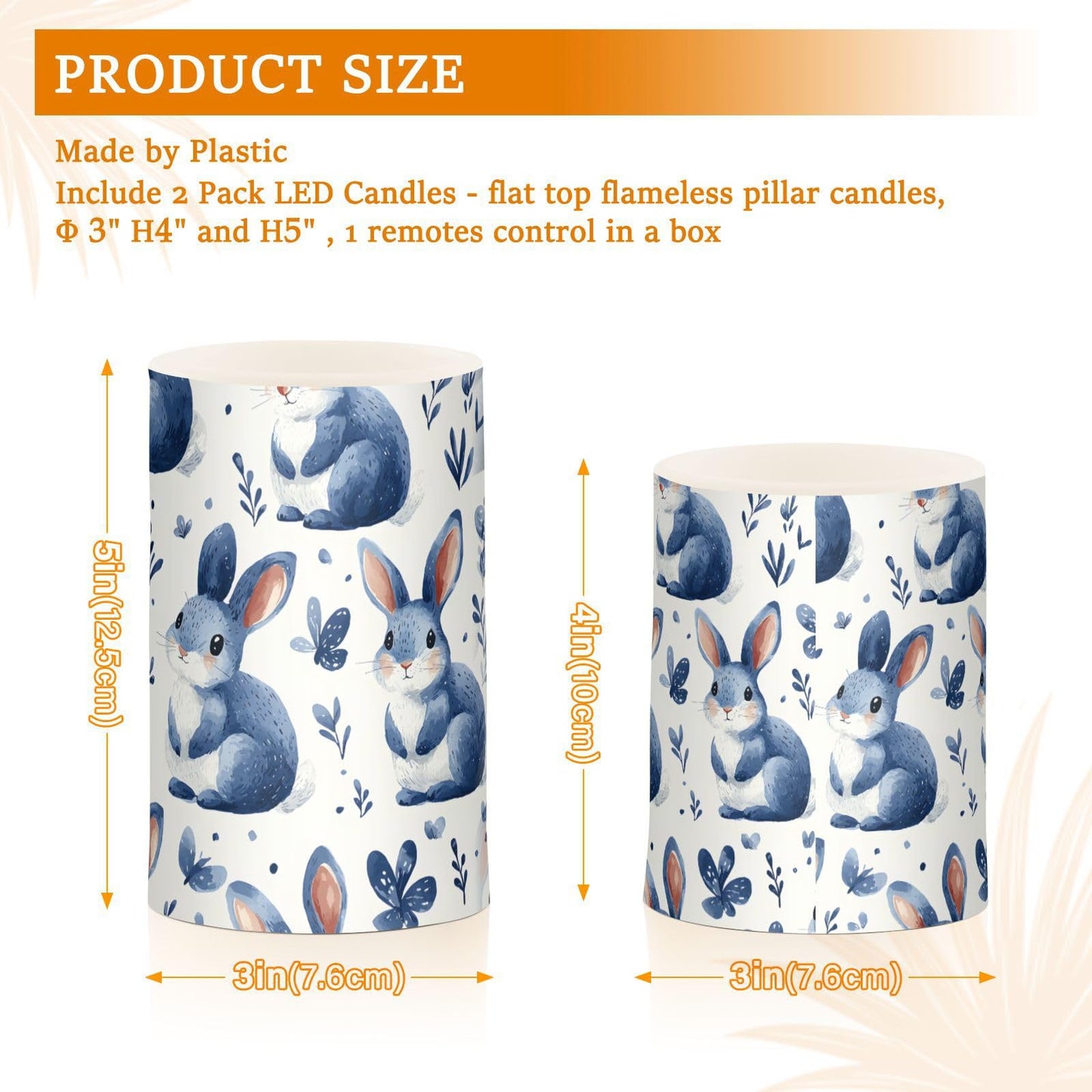 zyrtty Easter 2 Pack Plastic Flameless Candles Blue Bunny Floral Pattern Battery Operated with Remote and Timer Real Wax LED Flickering Pillar Candles Set Window Decor