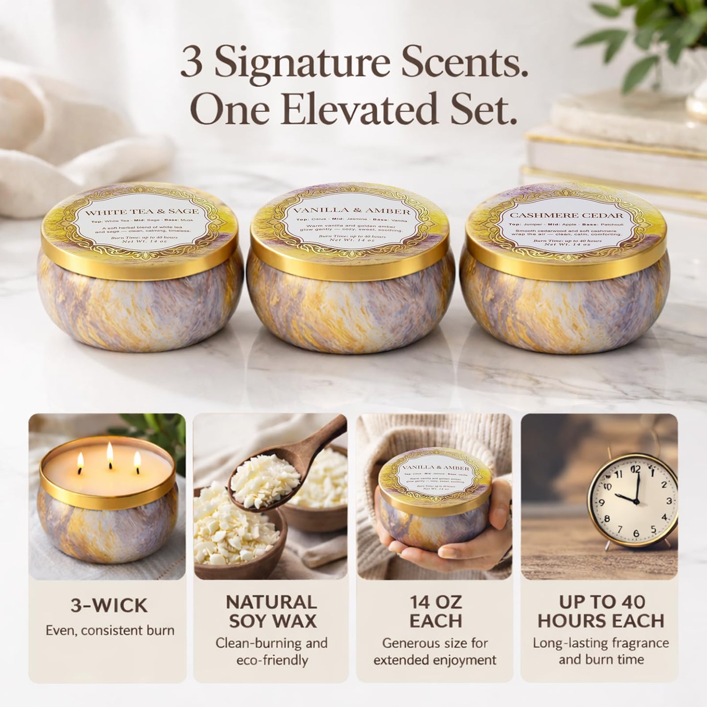 YMing 3-Wick Candle Gift Set, 3 Pack, 14 oz Each, Scented Candles for Home, White Tea & Sage, Vanilla & Amber, Cashmere Cedar