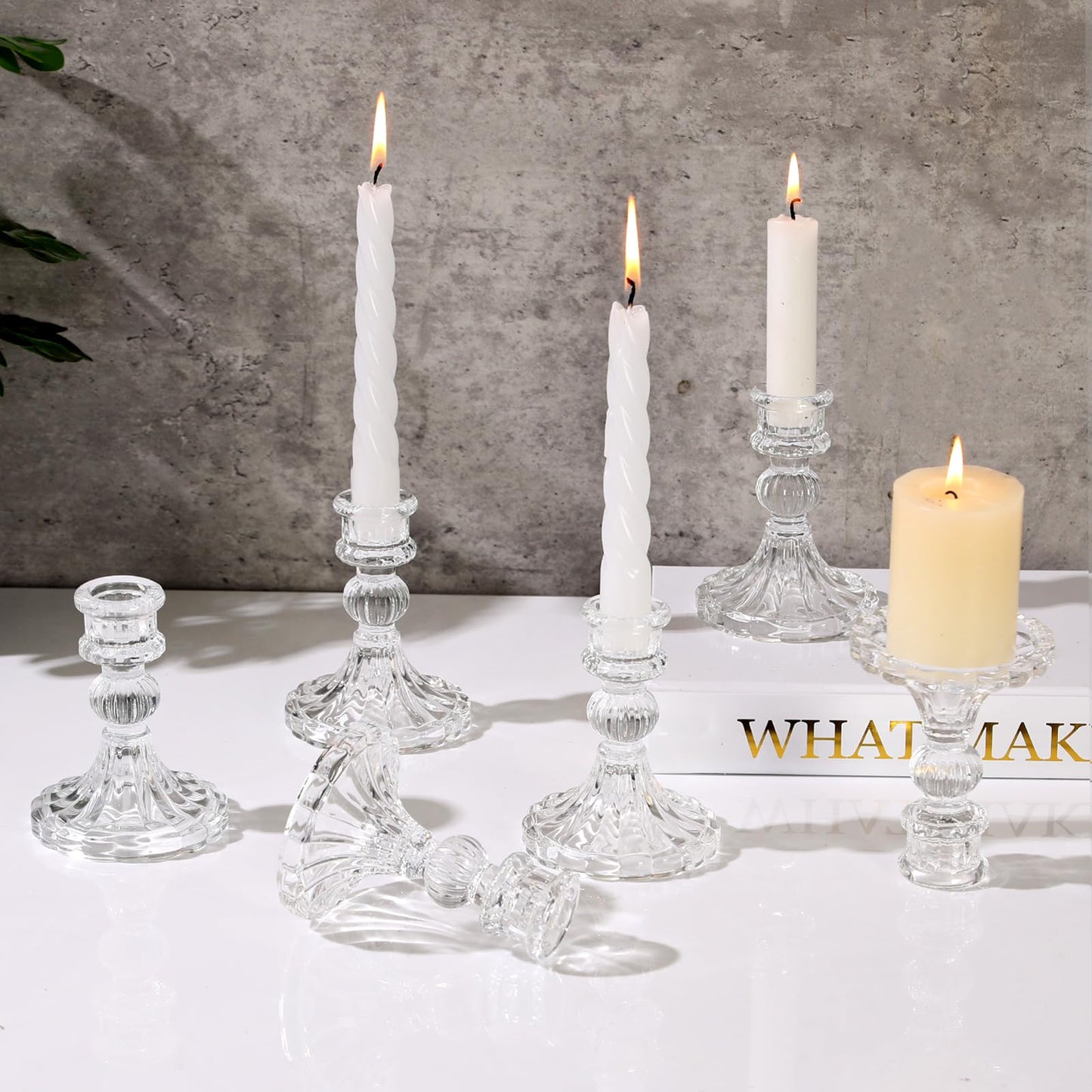 6 Pcs Clear Glass Taper Candle Holders – 4" Ribbed Candlestick Holders for Standard Candles | Elegant Centerpiece for Wedding, Party, Holiday & Home Decor