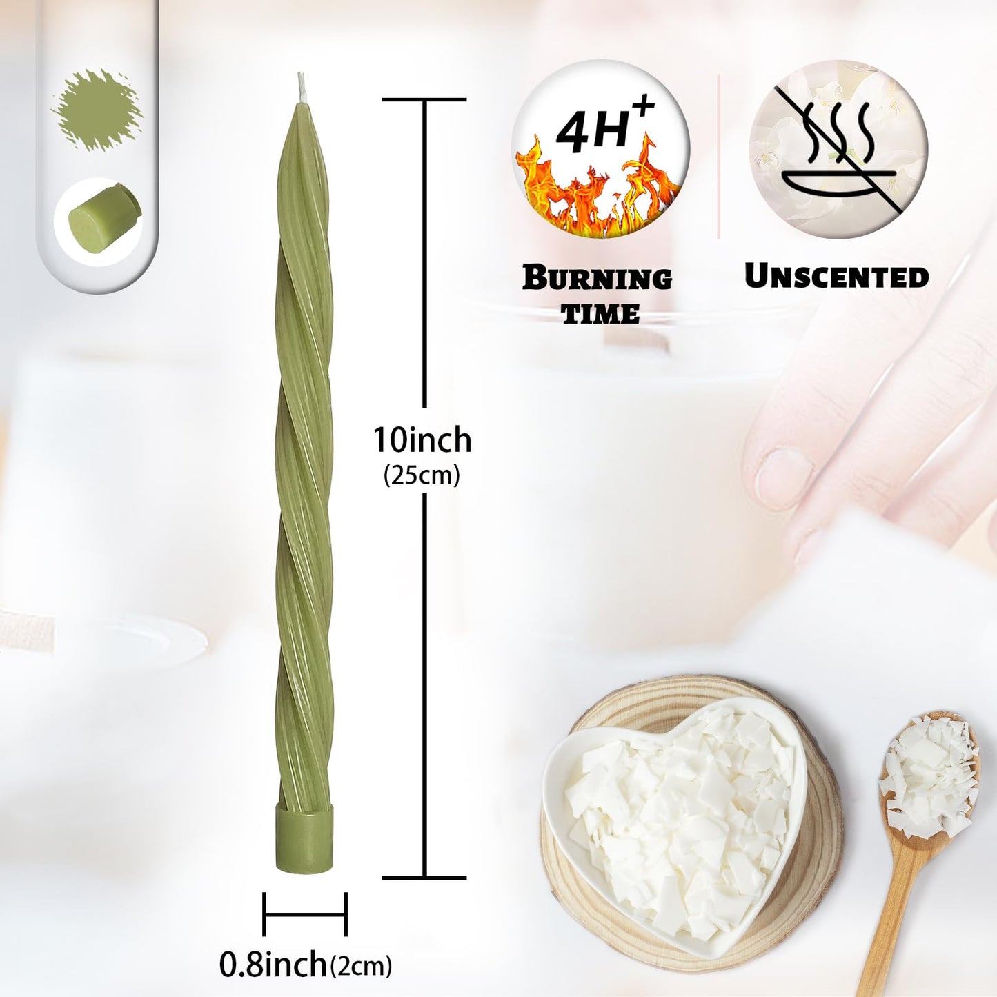Handmade Unscented Long Spiral Taper Candle Grass Green 10 Inch Smokeless Tall Twisted Candlesticks Elegant Design for Home Weddings Festive Seasons Décor