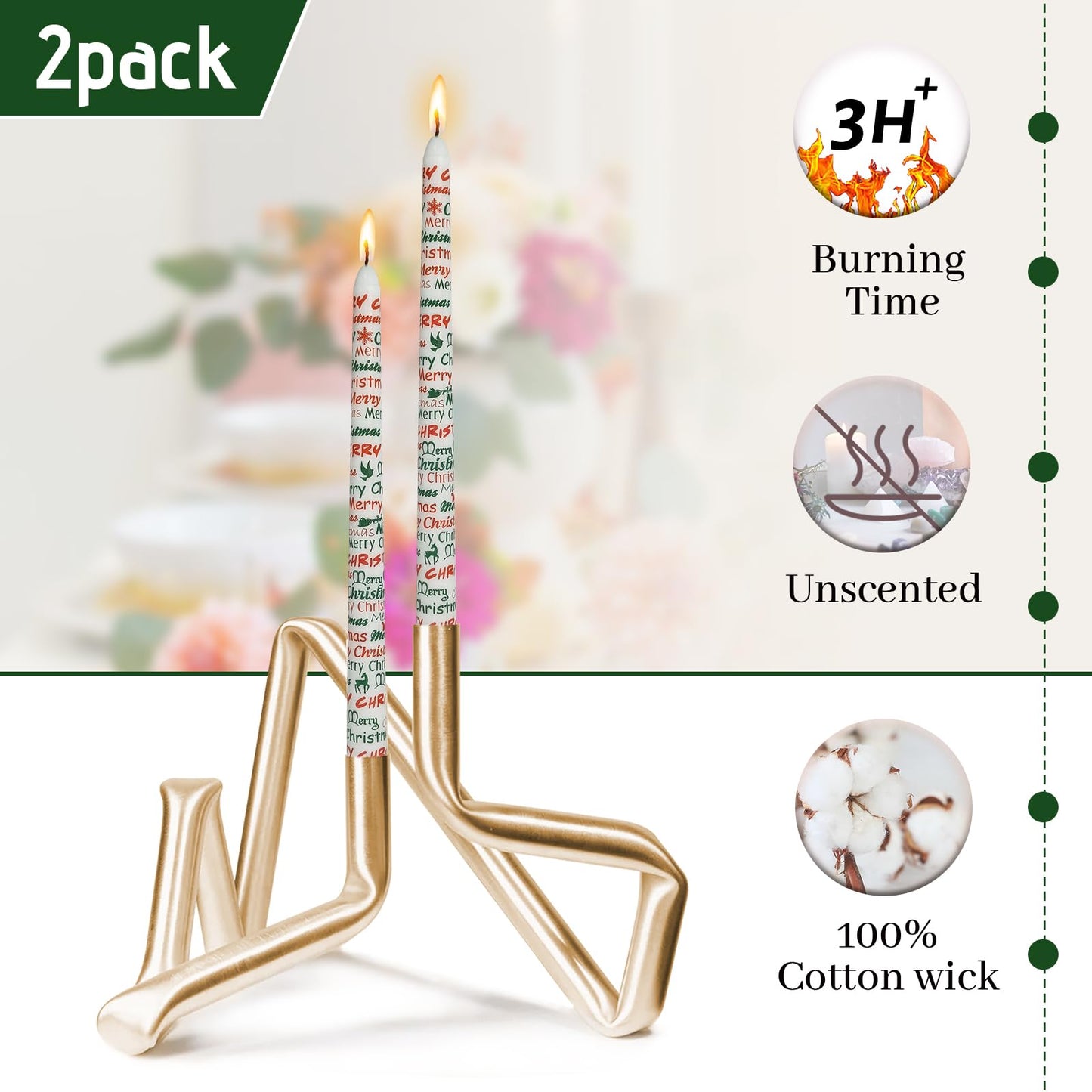 Baleagcdl Print Unscented Taper Candle X-mas Letters Decorative Candlesticks Handmade 10 Inch Drip Long Tapered Candles for Christmas Home Holiday Decor Gifts - Set of 2
