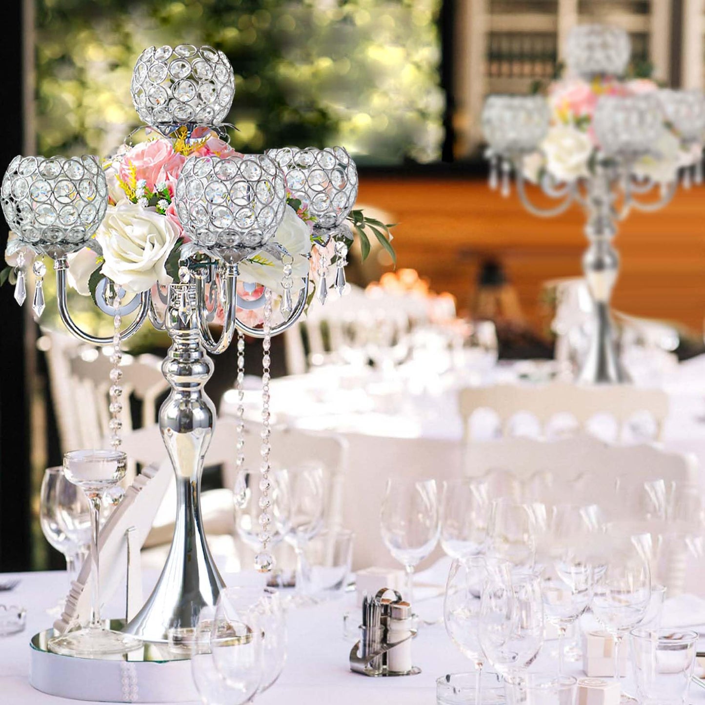 5 Arm Crystal Strap Pendant Silver Table Decor Candelabra Set of 2, 22.5 inches Elegant Dining Room Centerpieces for Holiday Parties Weddings