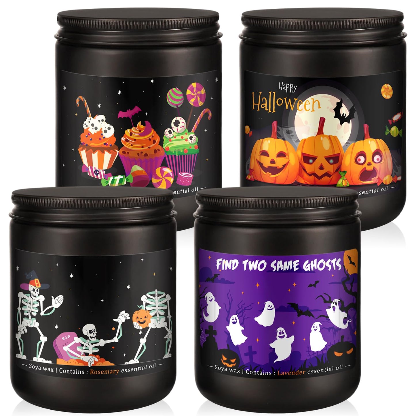 Wfmolcand Halloween Scented Candles Set, 4 Pack (7oz Each) Soy Wax Candles with Pumpkin, Ghost, Skeleton Designs, Perfect for Halloween Decor, Gifts and Aromatherapy.