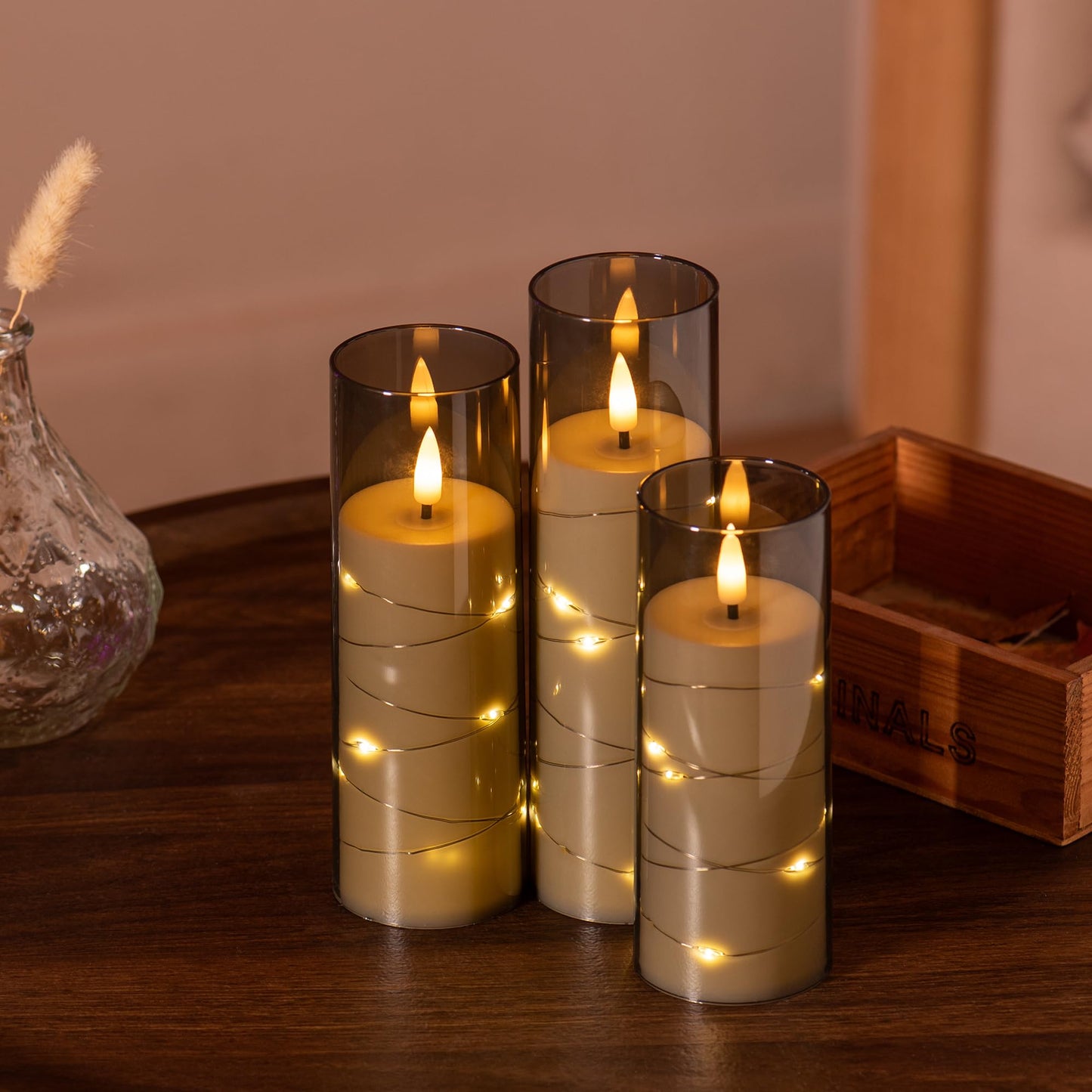 Pandaing 18 Pack Flameless Battery Operated LED Candles with Remote and Timer, Flickering Candles with Embedded Star String for Romantic Ambiance and Home Decoration, Stable Acrylic Shell (Grey)