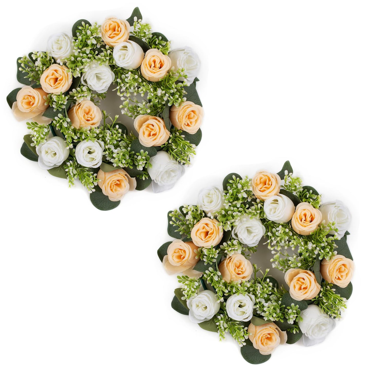 NUPTIO Flower Candle Rings Centerpieces: 13.4 Inch Champagne & White Artificial Rose Wreath for Wedding Party Christmas Decorations - Spring Summer Front Door Porch Decor 2 Pcs