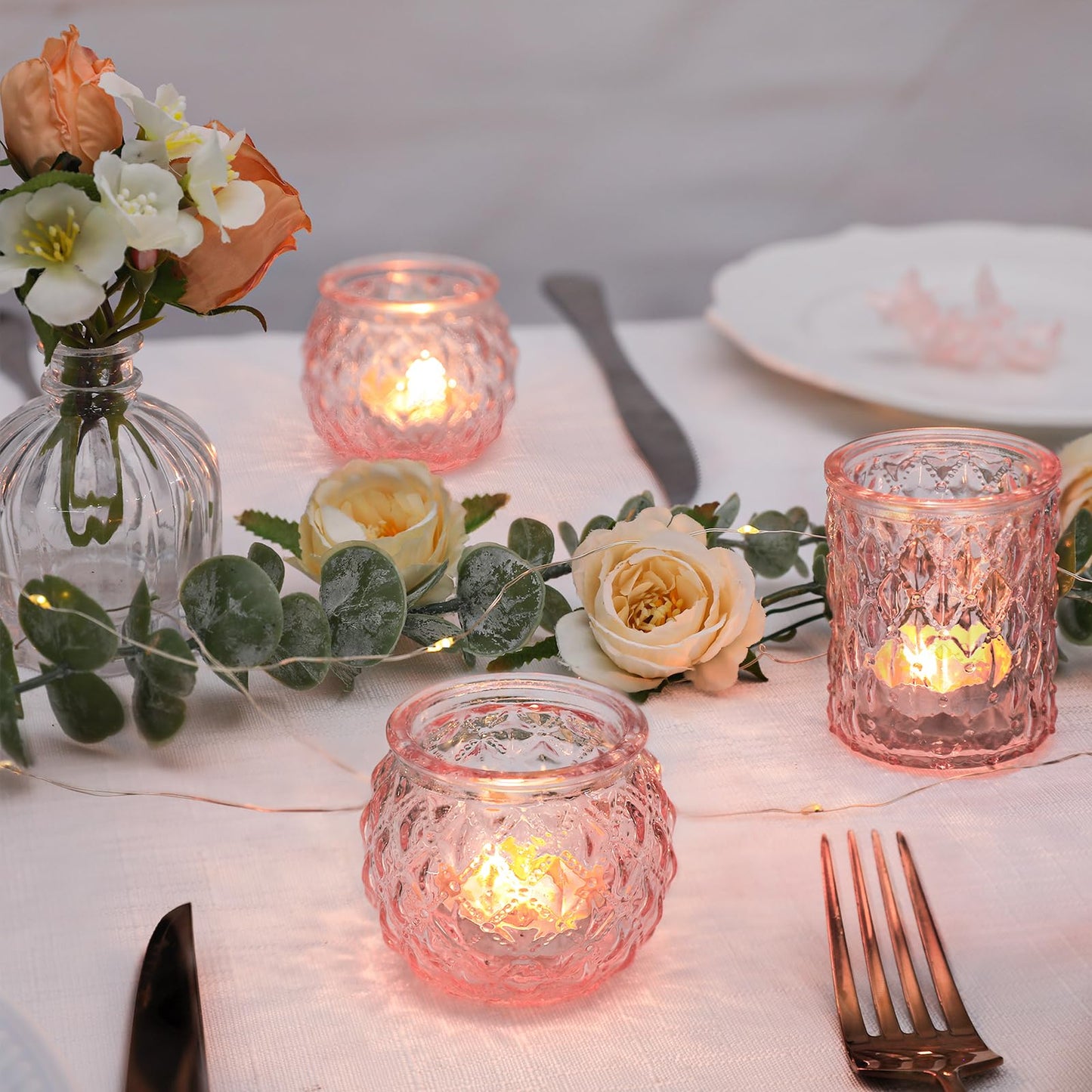 DARJEN Pink Votive Candle Holders Set of 24- Round Glass Candle Holders Bulk for Flameless LED Tea Waxes, Romantic Candle Holder for Wedding & Various Parties, Home Table Decor