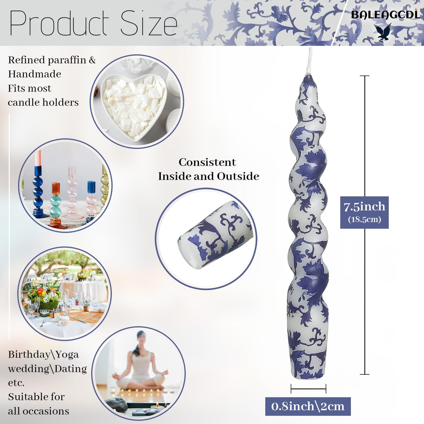 Short Taper Candle Blue and White Porcelain Candles Floral Print Spiral Candlesticks 7.5 Inch Handmade Candle Sticks for Home Wedding Party Decor Gifts Set of 2