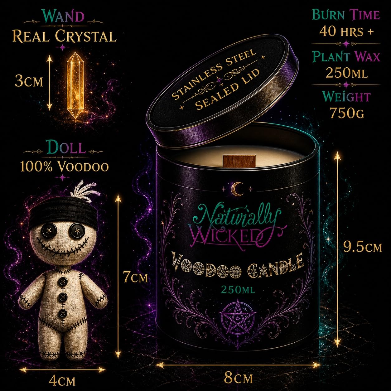 Naturally Wicked Voodoo Spirituality Candle Set - Inc. Voodoo Doll, Crystal, Wood Wick, Raspberry Ritual Scent & Gift Box
