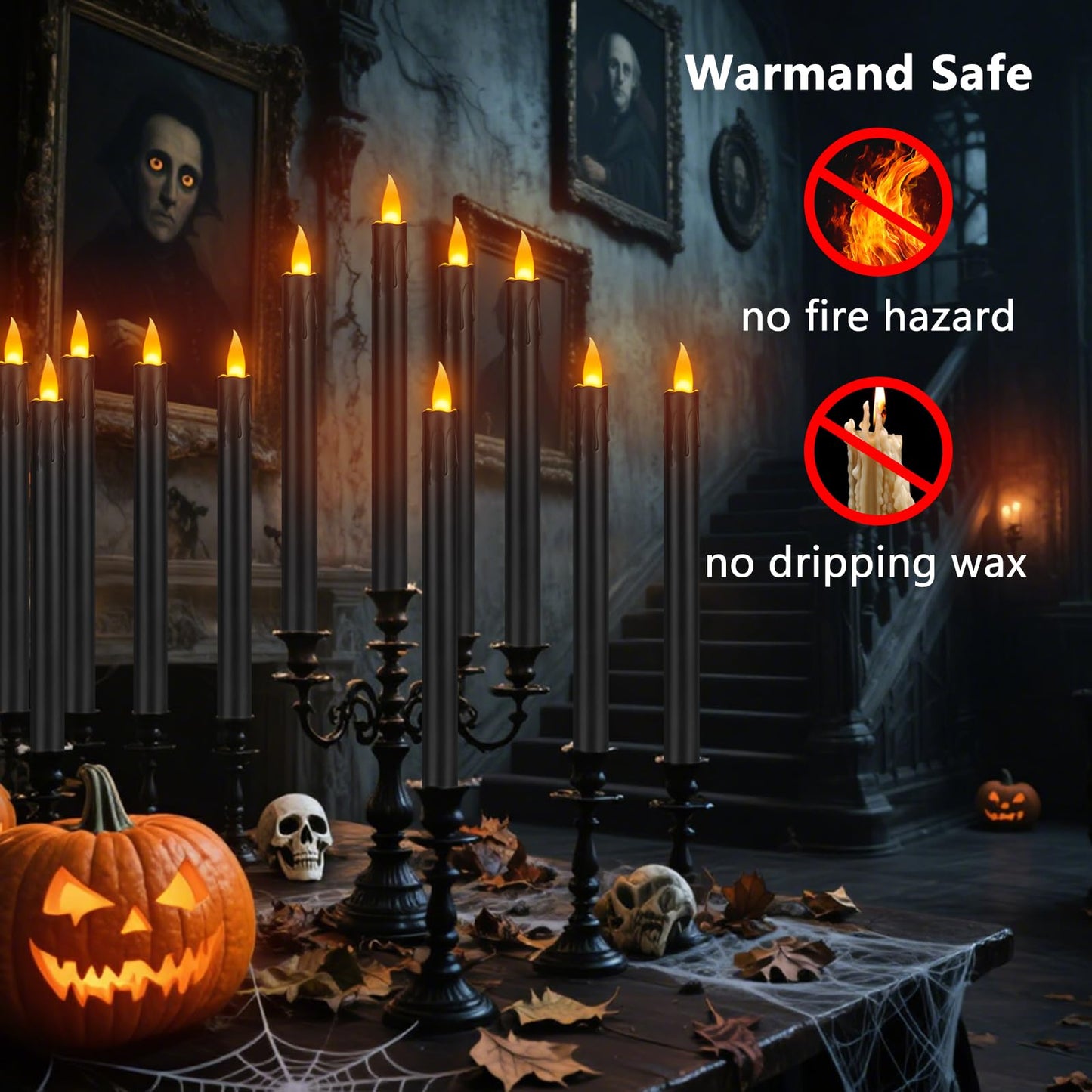 wemarry 6 Pcs Black Flameless Taper Candles with Remote, 10" Tall Electric Led Candlesticks, Plastic Battery Operated Taper Candles for Halloween Dinner Party Wedding Birthday Home Décor(Black Drip)