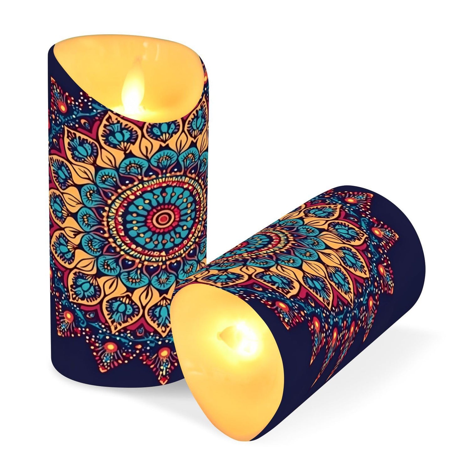 Gravopti Mandala Pattern 2 Pack Flameless LED Pillar Candles with Remote & Timer, Battery Operated, Flickering Wax Candle for Wedding, Romantic Home & Party Decor