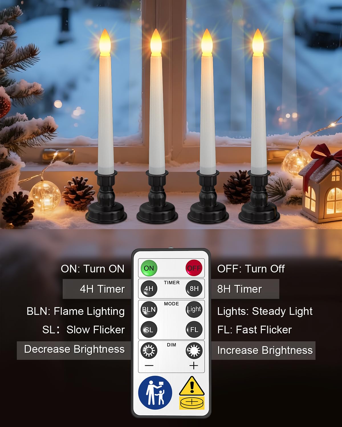 SoulBay 6pcs Christmas Decorations Window Candles with Remote Timer, 7.9inch Battery Operated Flameless Flicker LED Taper Candle Lights w/Black Holders for Home Party Indoor Windowsill Décor