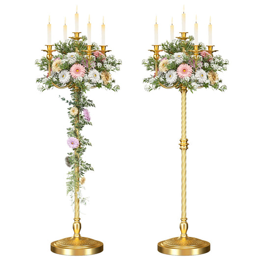 mopam 2 Pcs Floor Candelabra 50 Inch Gold Candelabra Centerpiece 5 Arms Floor Standing Candelabra Gold Candlestick Holder Antique Candle Holder Decorative for Party, Ceremony, Wedding (Line Styling)