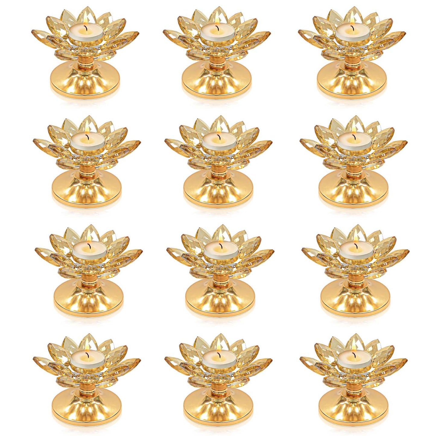 12 PCS Gold Crystal Flower Tea Light Holder Bulk, Glass Tealight Candlestick with Metal Base, Votive Candle for Table Centerpiece, Wedding/Parties Decor, Nice Gift