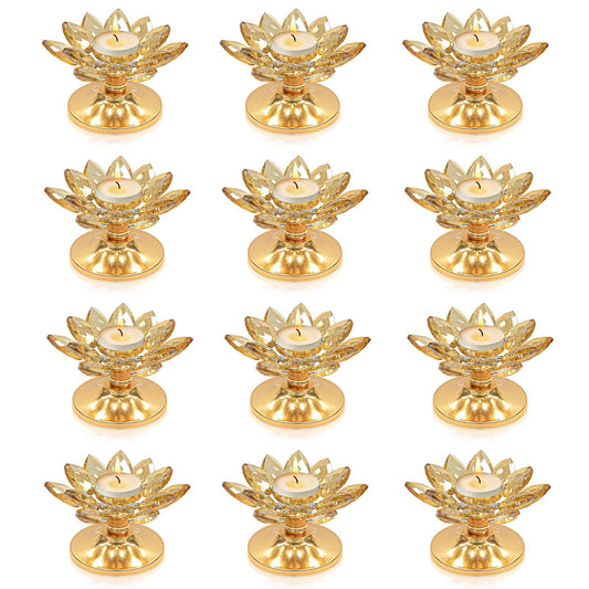 12 PCS Gold Crystal Flower Tea Light Holder Bulk, Glass Tealight Candlestick with Metal Base, Votive Candle for Table Centerpiece, Wedding/Parties Decor, Nice Gift