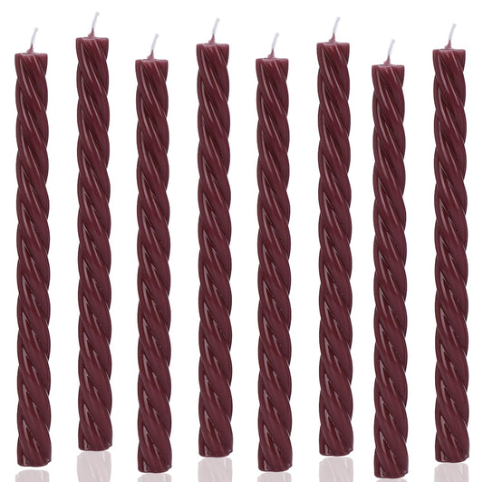 10 Inch Burgundy Spiral Taper Candles, 8 Pack Unscented Long Burning Candlesticks, Dark Red Glossy Tapered Candles for Dinner Party, Wedding Shower & Home Decor