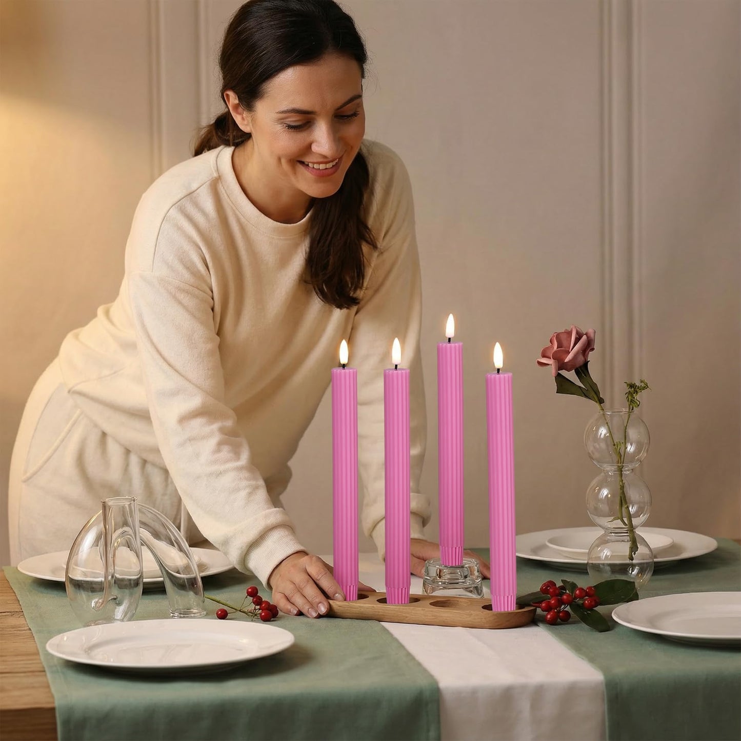 Girimax Hot Pink Ribbed Fluted Flameless Taper Candles with Remote, Flickering Battery LED Wax Candlesticks Wedding Home Decor Set of 4